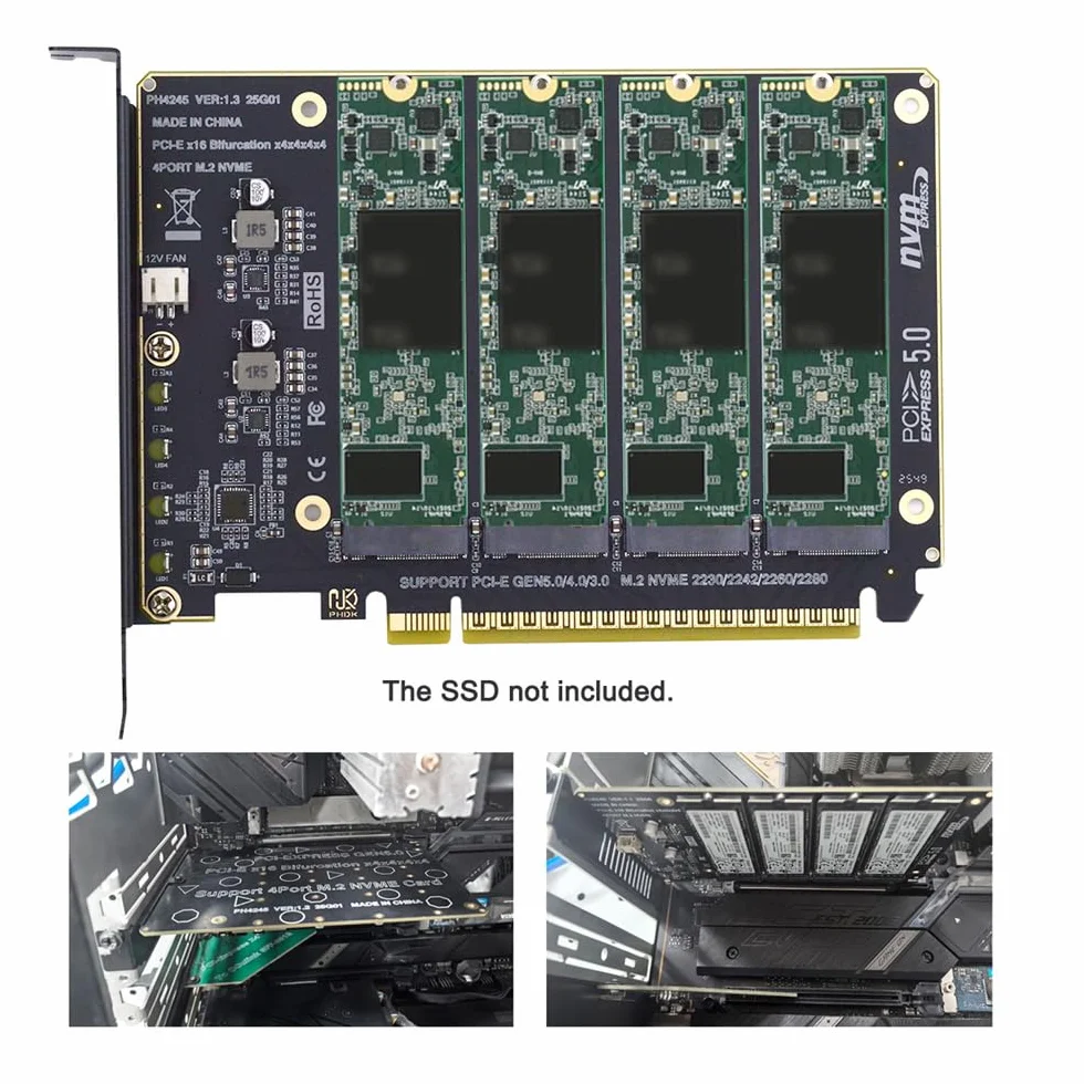 xiwai Adattatore SSD NGFF 4X NVME M-Key M.2 per scheda Raid PCIE Express 5.0 Gen5 Gen4 X16 con biforcazione staccabile VROC Raid0 Hyper
