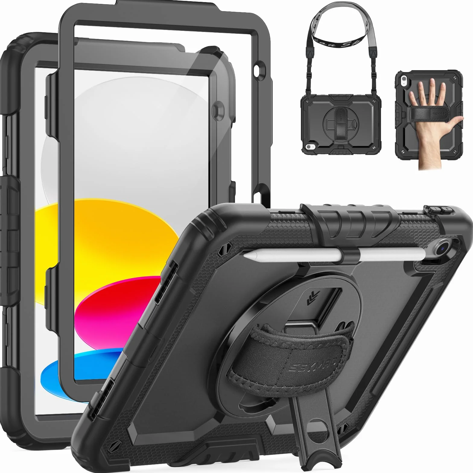 SEYMAC Custodia per iPad A16 11a/10a Generazione 11/10.9 pollici 2025/2022 Resistente agli urti con Protezione Schermo Supporto Girevole 360° Portapenne Tracolla Nero