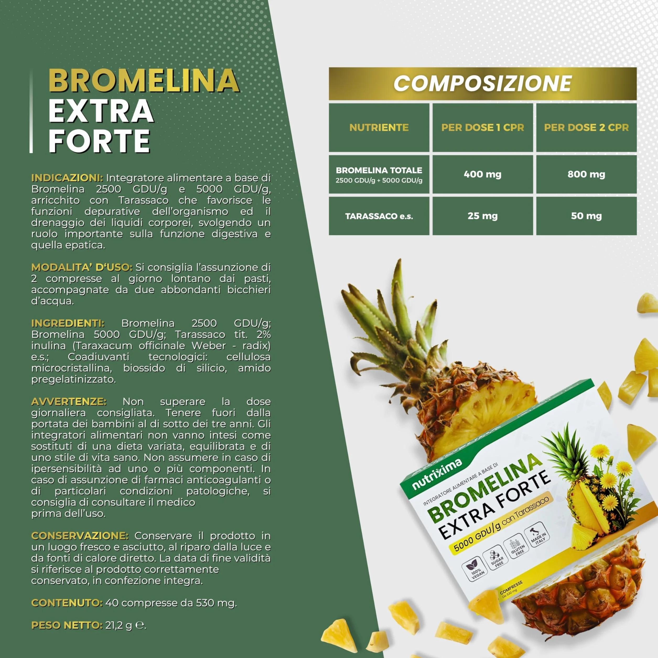 Bromelina Forte Drenante 2500+5000 GDU 40cpr con Tarassaco Made in Italy NUTRIXIMA®