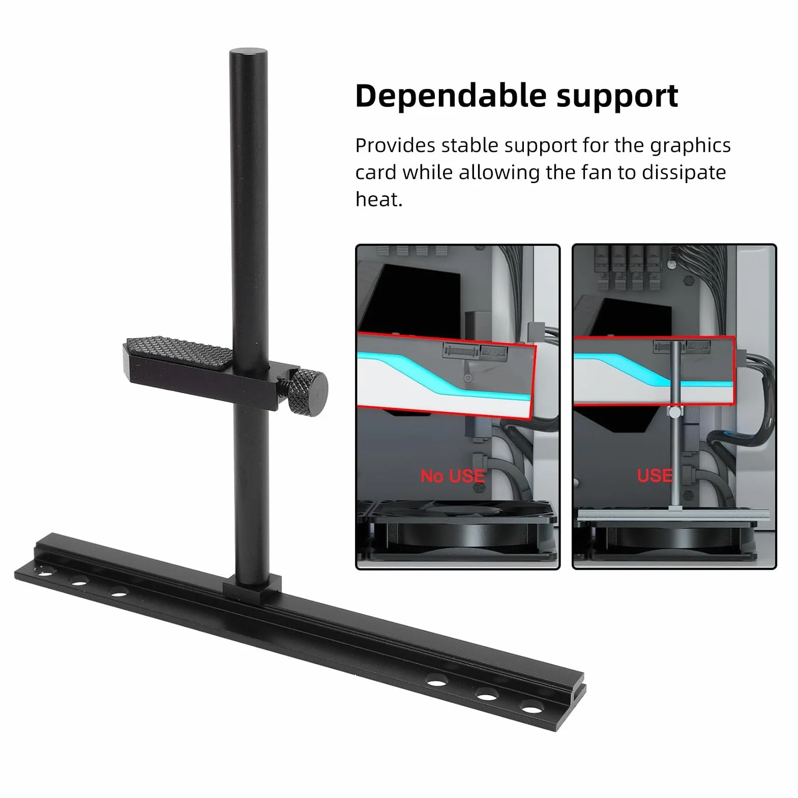 ASHATA Supporto GPU per Scheda Grafica - Supporto Regolabile per Scheda Video, Supporto per GPU in Lega di Alluminio, Ventola da 9 cm, 12 cm, 14 cm, per Case ITX MATX ATX (Nero)