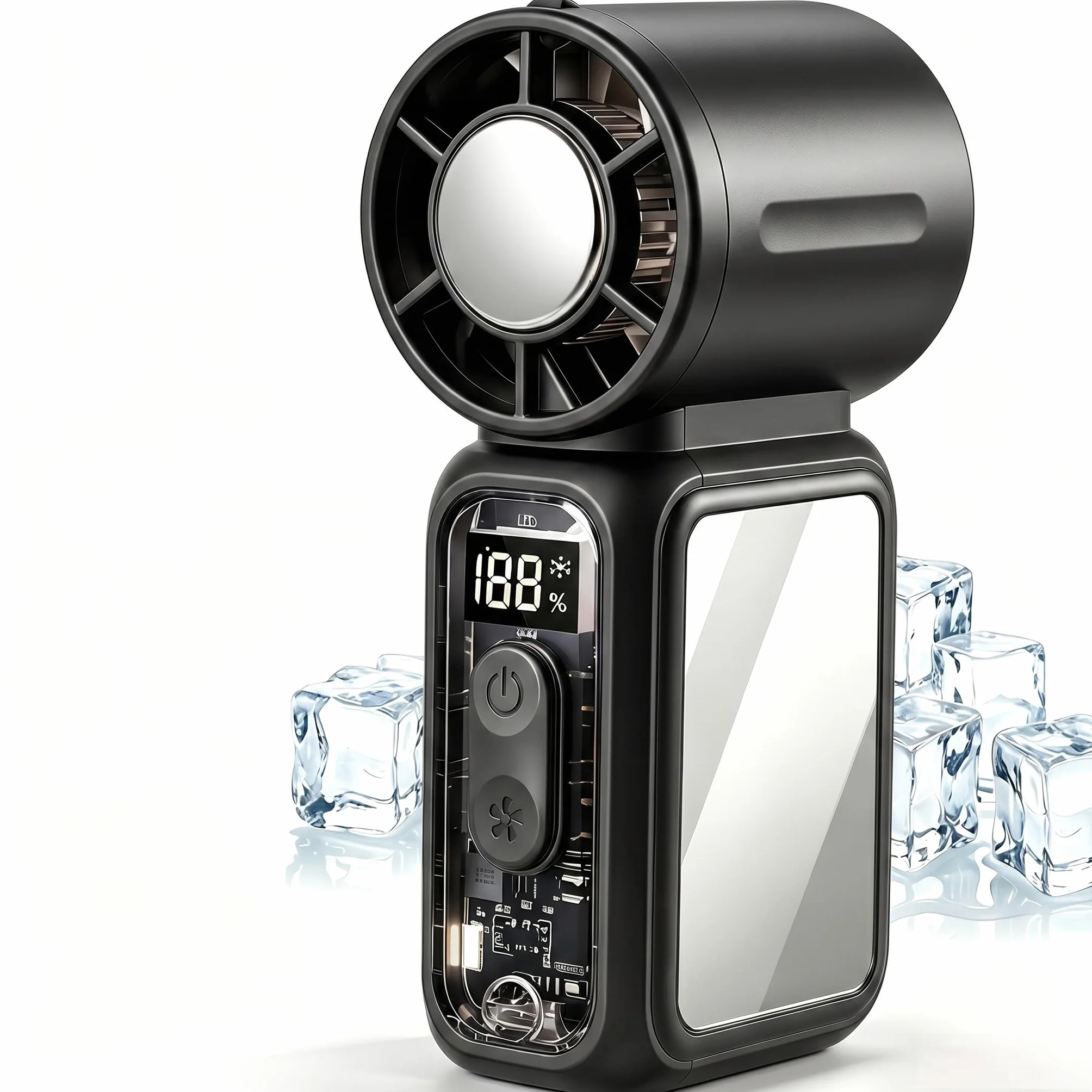 Mini Ventilatore Portatile USB Ricaricabile con Raffreddamento a Ghiaccio & 199 Velocità, Ventilatori Portatili LED - 3600mAh, Potente Ventilatore a Mano 17000 RPM, per Viso, Viaggio, Esterno (Nero)