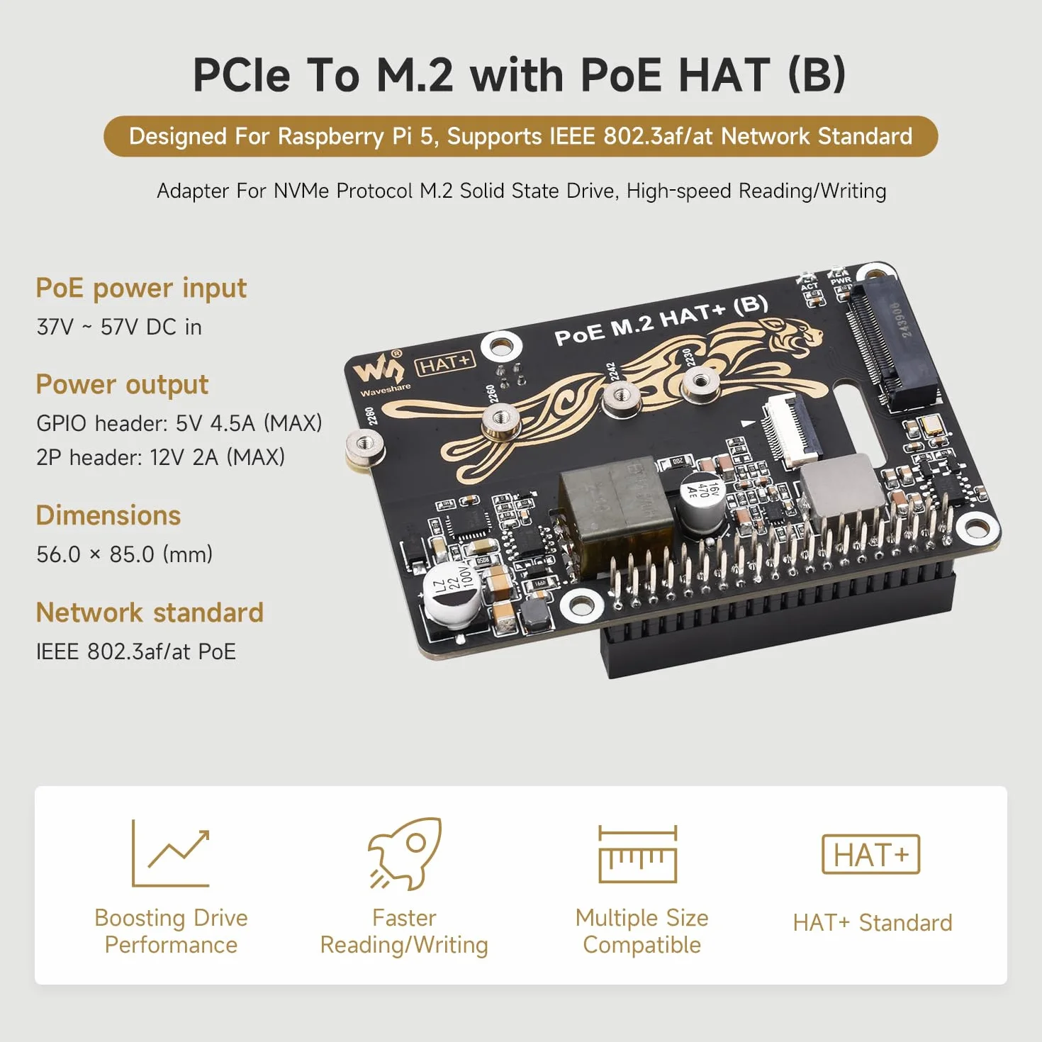 Waveshare PCIe to M.2 Adapter with PoE Function HAT+ (B), Compatible with Raspberry Pi 5, Supports POE NVMe Drive Protocol 2230/2242 / 2260/2280 M.2 Solid State Drive, High-Speed Reading/Writing