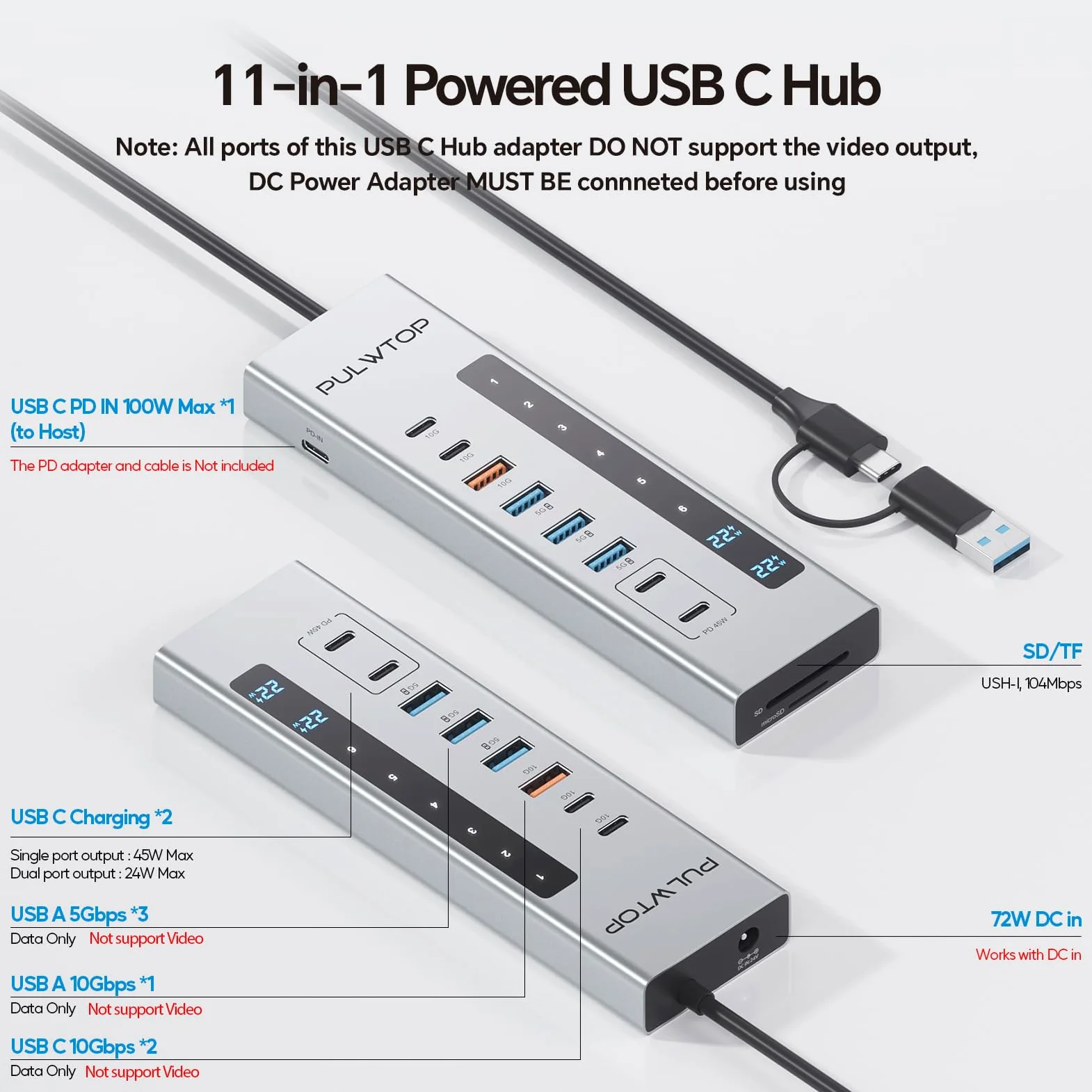 Hub USB C alimentato, hub USB con 2 porte di ricarica Type-C PD da 24/45 W | PULWTOP USB Hub con SD/TF, USB C 10Gbps, USBA 5/10Gbps e 24/45W Type-C PD Charging Ports, 72W Adapter Included