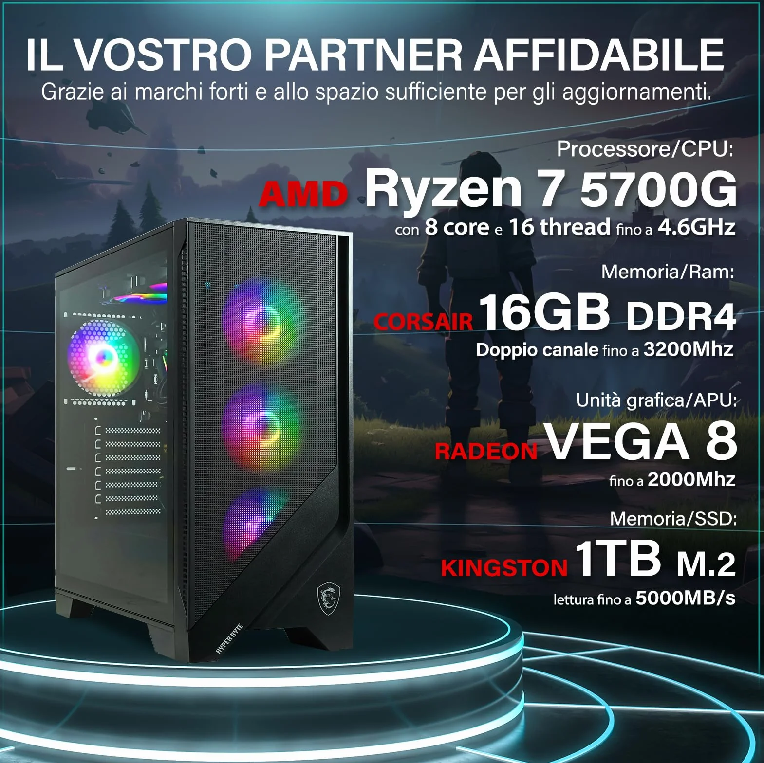 HYPER BYTE® - Gaming PC - Set completo con AMD Ryzen 7 5700G fino 4,6 GHz | 16GB DDR4 | 1TB SSD | Watercooling | Monitor 25 pollici | mouse & tastiera | QWERTY| Win11 Pro | Computer fisso per gamer