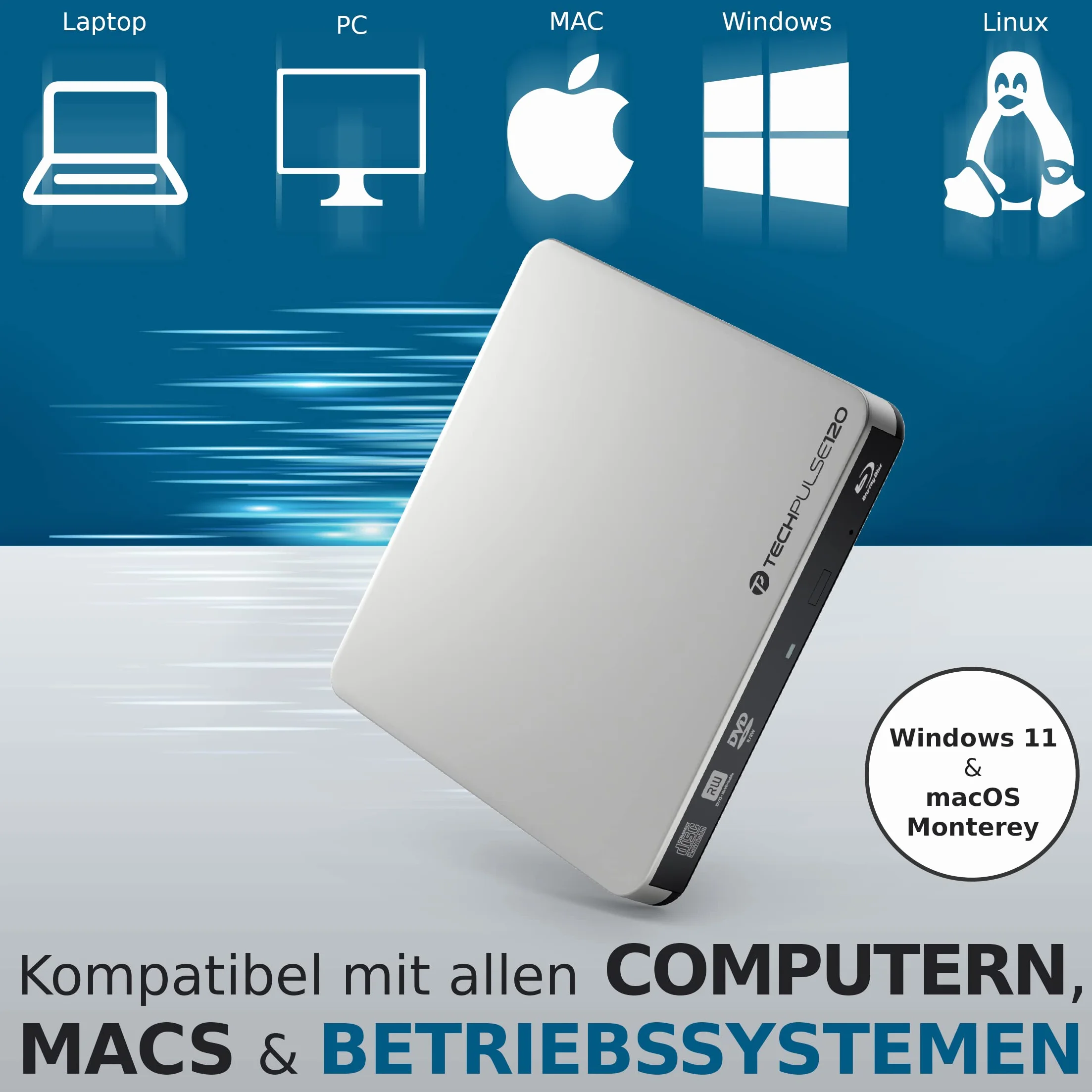 techPulse120, USB 3.0 e tipo C, masterizzatore 3D esterno per Blu-ray, Super Drive Blue-ray, BD, DVD, CD Slim, per computer, notebook, ultrabook, Windows, Mac, OS, Macbook Pro, Macbook Air