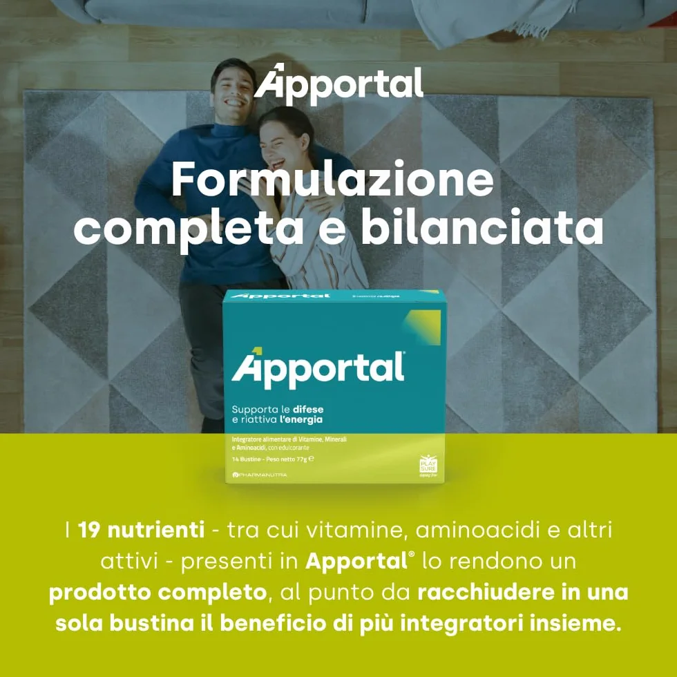 Apportal® Integratore Alimentare Tonico Energizzante 4 in 1 Ferro e Magnesio Sucrosomiale® Vitamina C 19 Nutrienti 14+14 Bustine Recupero Fisico Mentale