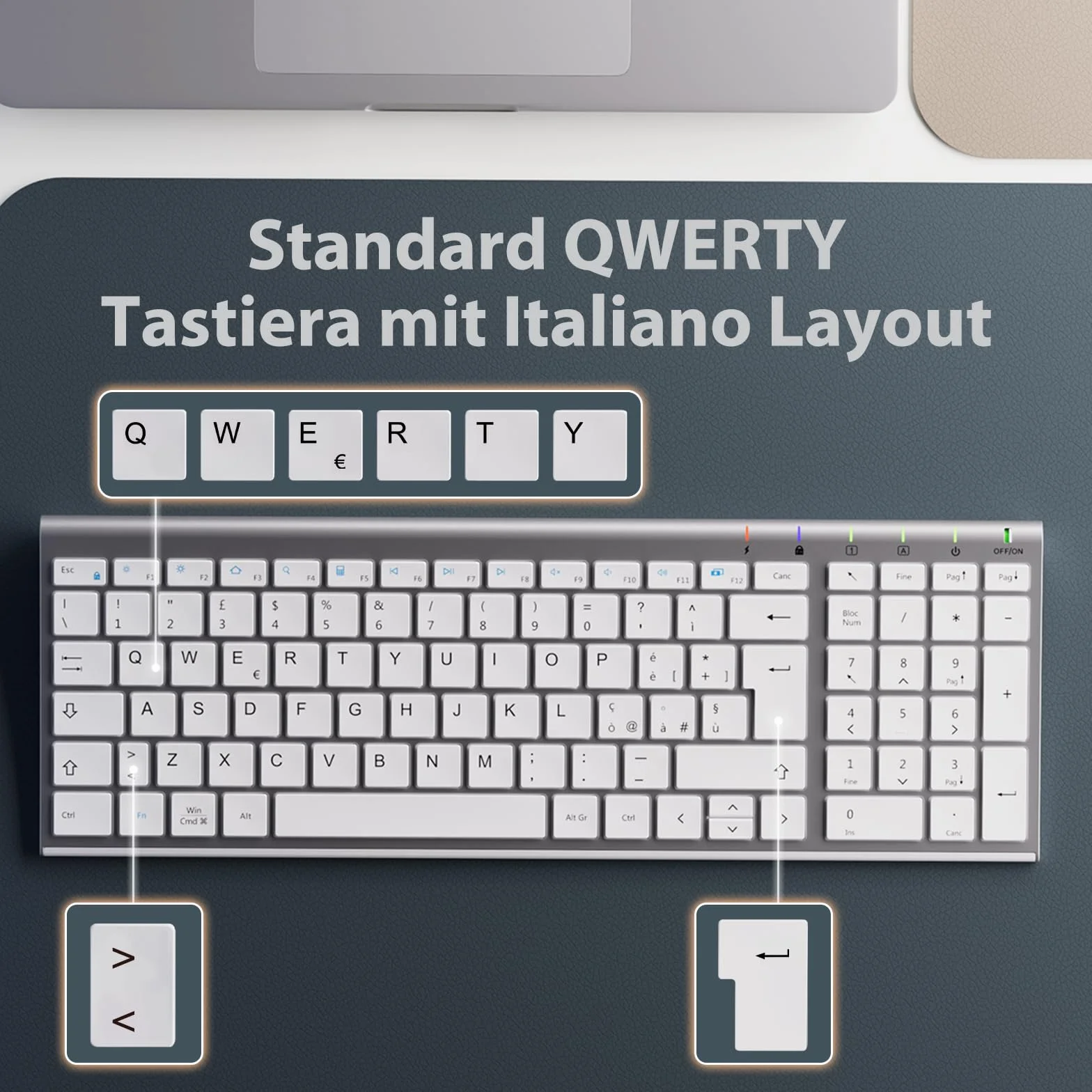 iClever Tastiera e Mouse Wireless portatile 2.4G, Ricaricabile tastiera wireless usb, silenziosa tastiera ergonomica Design Dimensioni Regolari Sottile Connessione Stabile DPI Regolabile