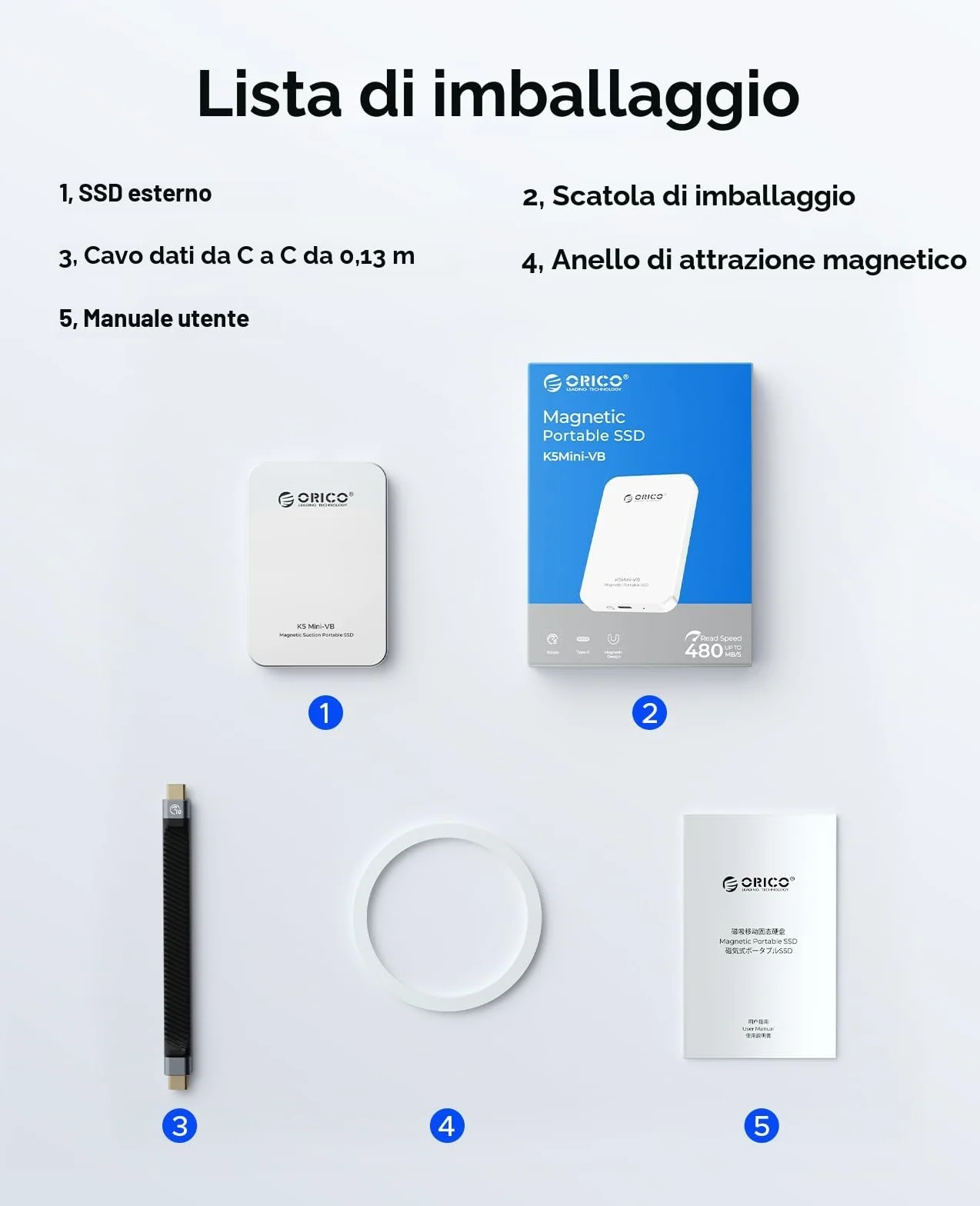 ORICO 480GB SSD esterno magnetico, in lega di alluminio, fino a 460MB/s, hard disk esterno ssd, espandi lo storage per iPhone 17 Pro Max, compatibile con MagSafe, smartphone USB‑C – K5MINI