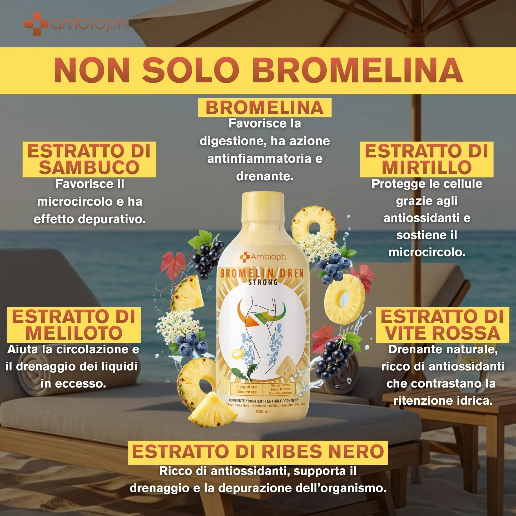 Drenante Forte Ultra Concentrato con Bromelina Linfatico Anticellulite 500 Ml