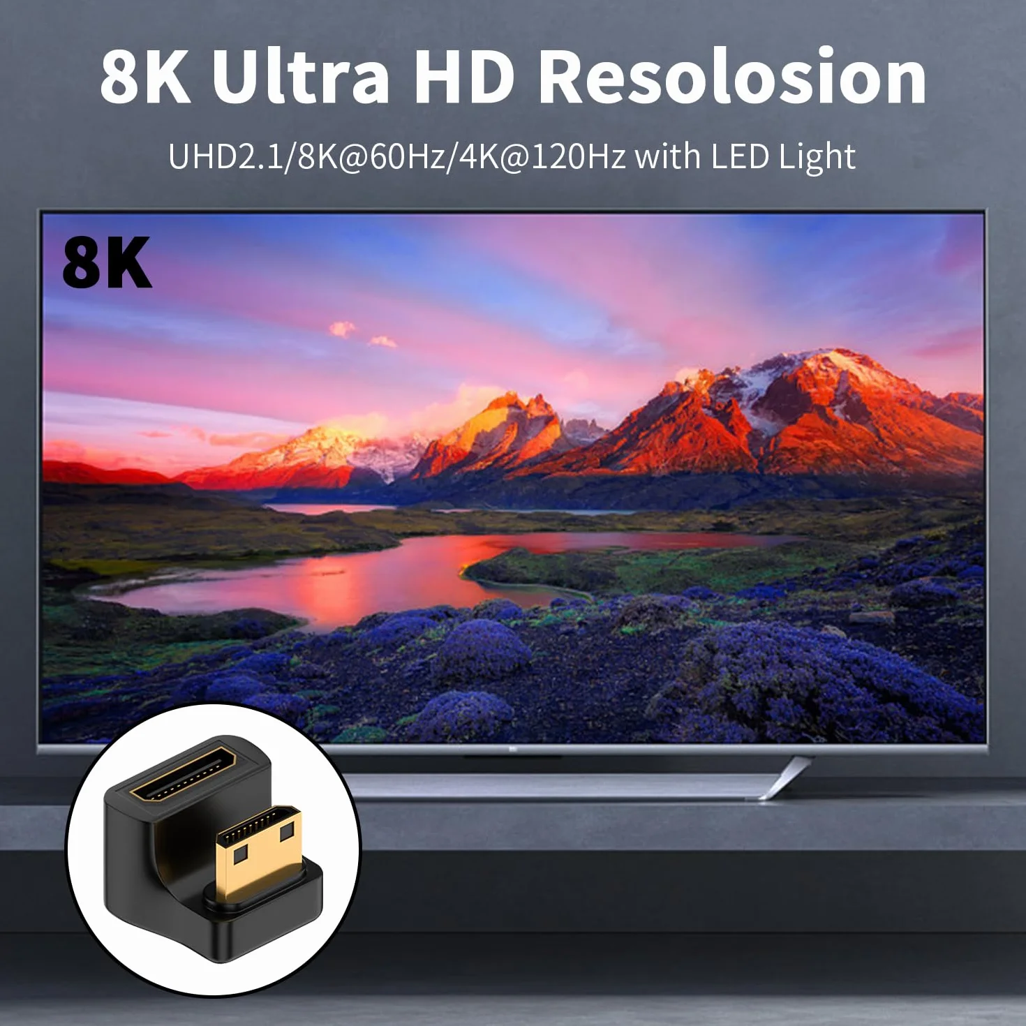 Duttek Mini adattatore HDMI 8K a forma di U, 48 Gbps angolo verso il basso, mini adattatore HDMI maschio a femmina, adattatore mini HDMI a 180 gradi con indicatore LED di lavoro per fotocamera,