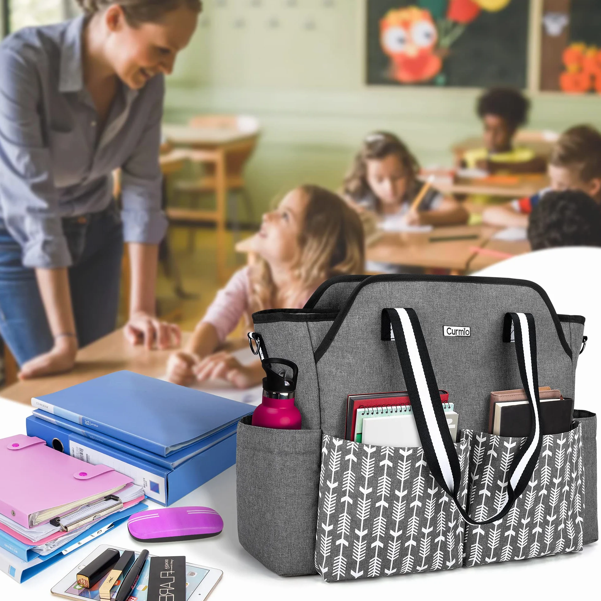CURMIO Borsa da Lavoro per Insegnanti per Le Donne, Borsa Portatile con Tracolla e Custodia Imbottita per Laptop, Insegnanti, Solo Borsa Grigio