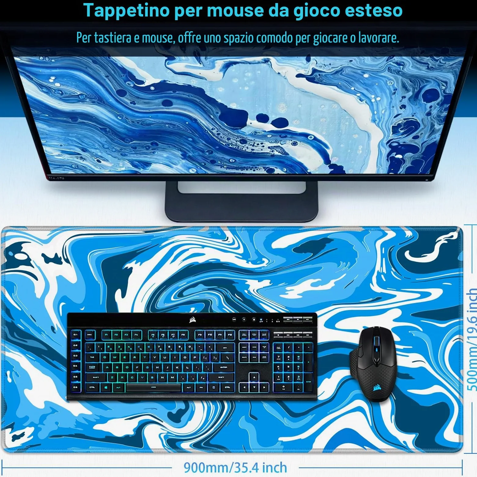 Abetcabe Tappetino per mouse XXL, 900 x 500 x 3 mm, per gaming, grande | Bordi cuciti, impermeabile, antiscivolo, migliora la precisione e la velocità, maggiore presa, movimento libero per il mouse