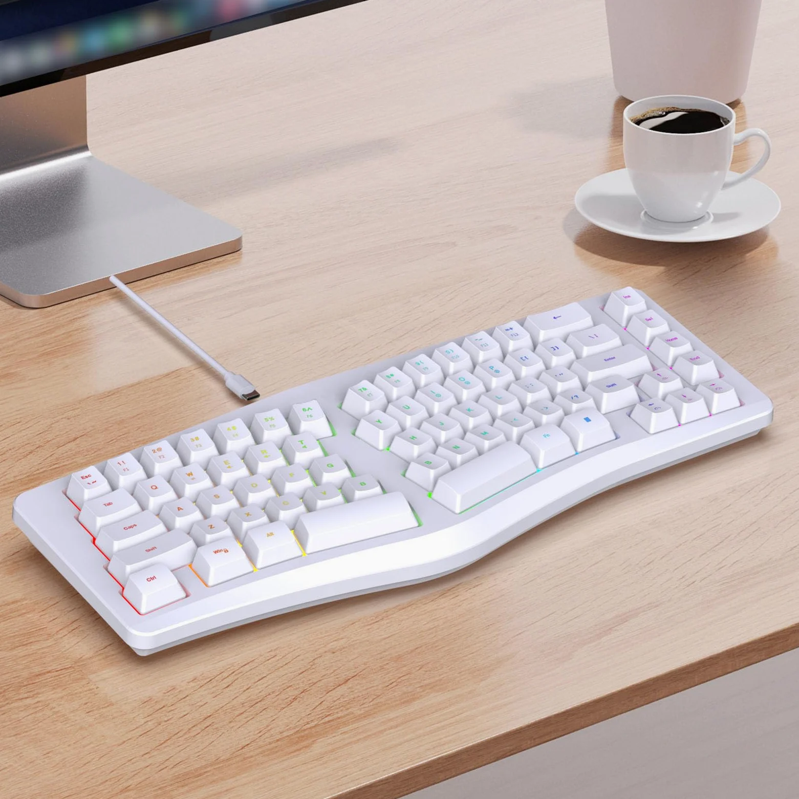 Tastiera Ergonomica Divisa, Tastiera da Digitare Naturalmente USB C con 18 modalità Retroilluminata RGB, 69 Tasti, Cavo Staccabile per il Desktop per Computer (WHITE)