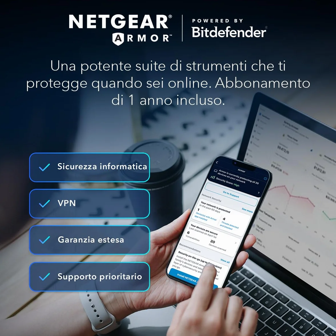 Sistema NETGEAR Orbi Tri-Band WiFi 6 Rete Mesh (RBK762S) - router + 1 extender satellitare, funzioni di sicurezza, fino a 5,4 Gbps, copre fino a 350 mq, 75 dispositivi, protezione Armor gratuita