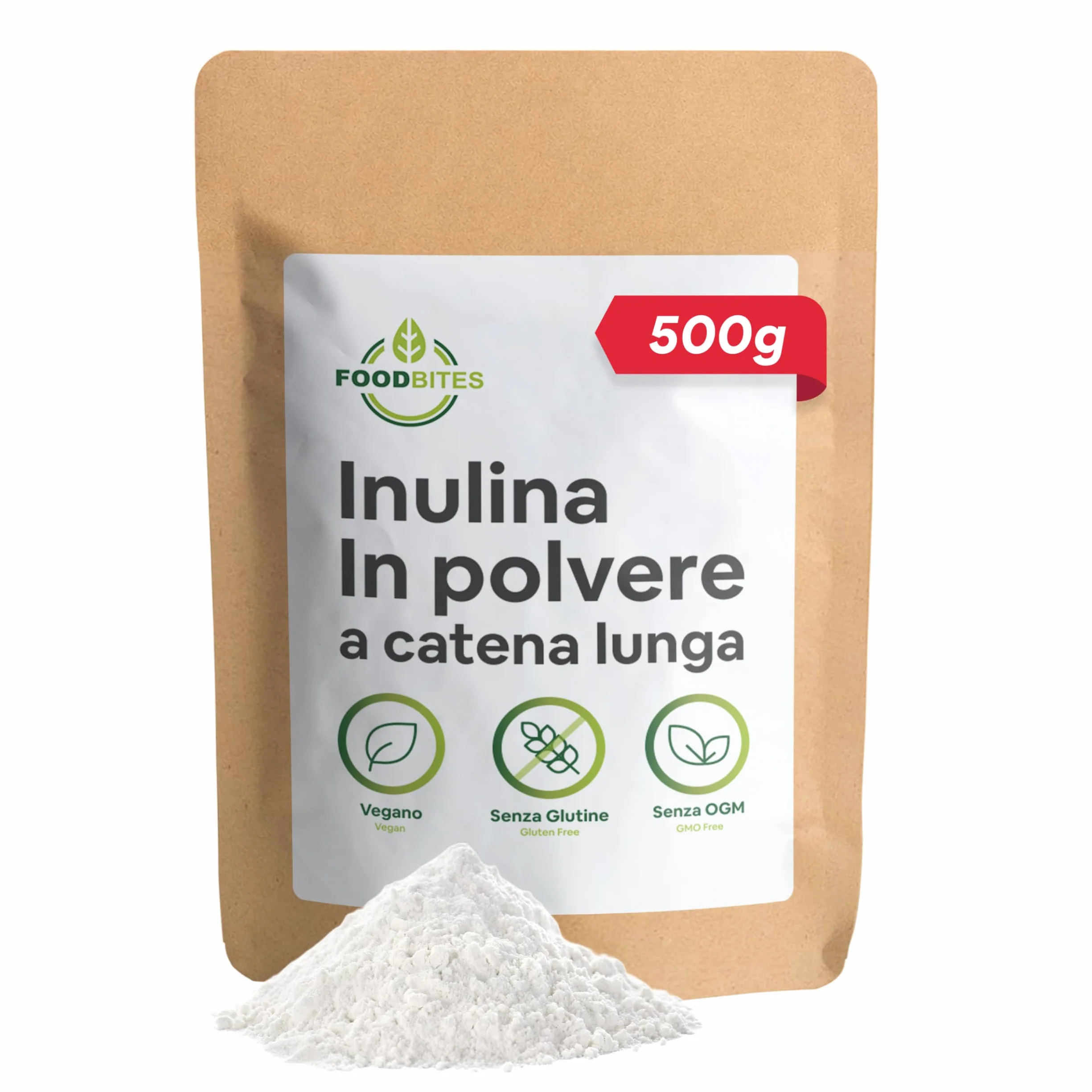 Inulina a Catena Lunga 500g - Inulina di Cicoria in Polvere 100% Pura - Fibra Prebiotica Naturale, Vegana, Senza Glutine