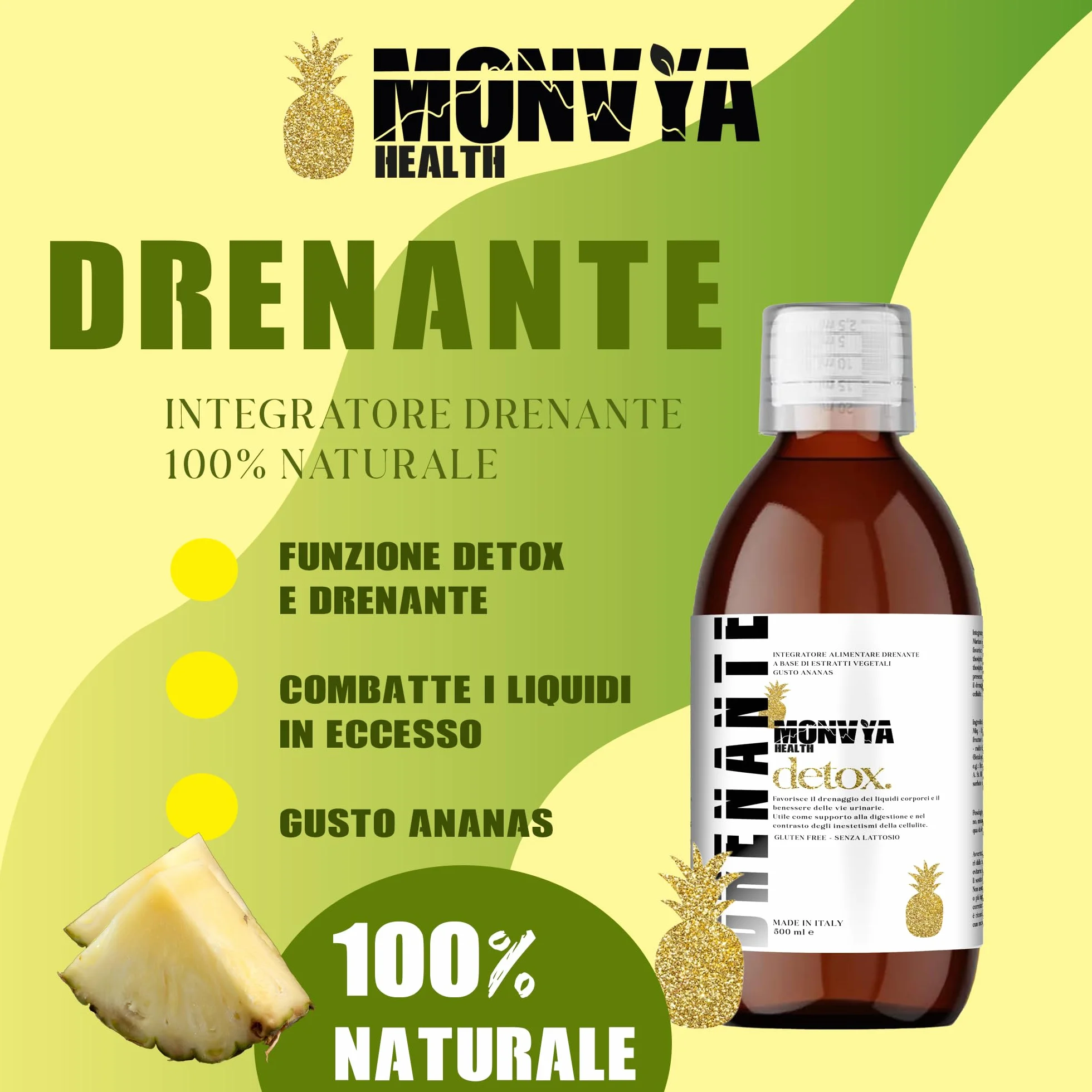 Monvya Health Drenante Forte con Bromelina 500ml Detox Cellulite Digestivo Gambe Leggere