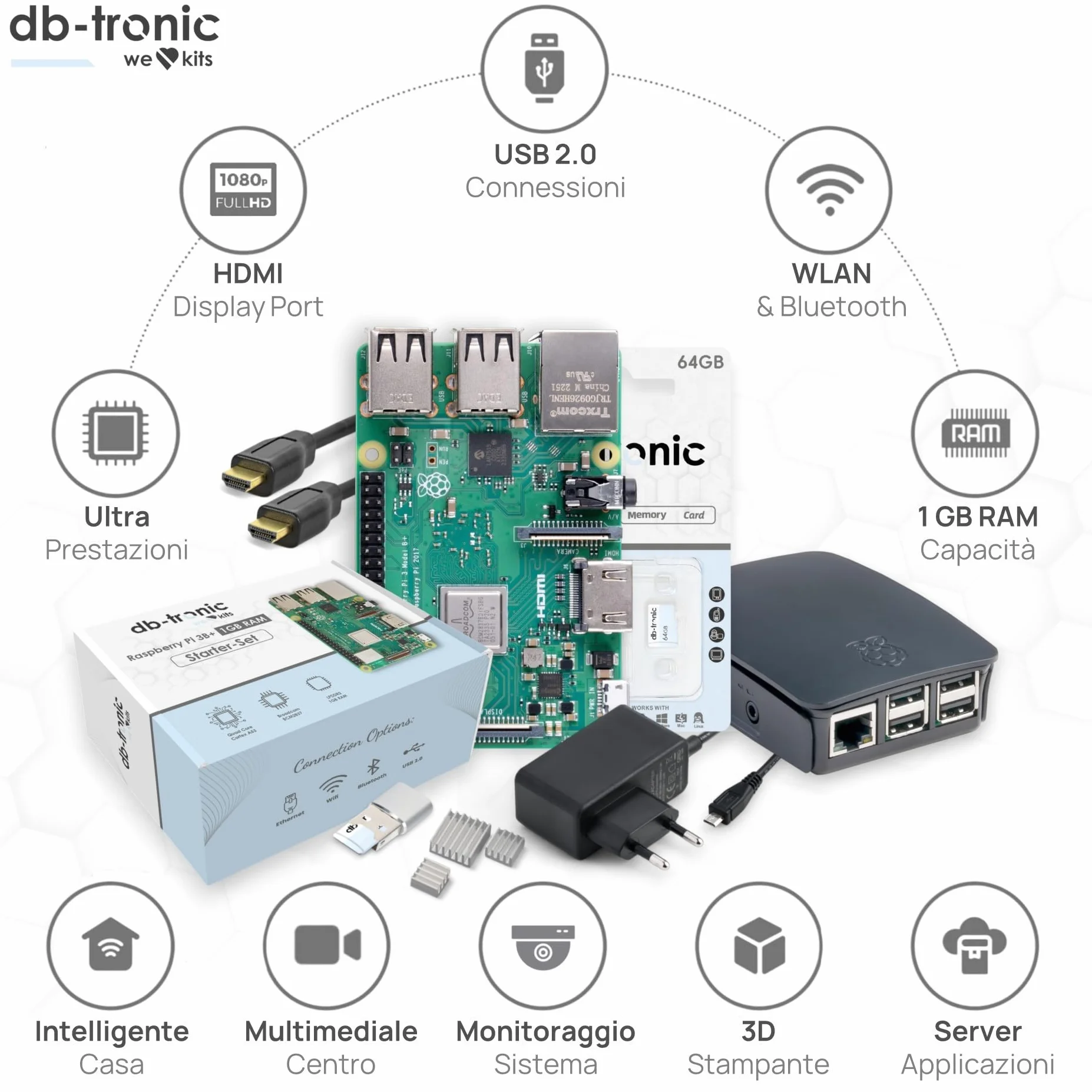 Raspberry Pi 3 B+ Starter Kit 64 GB Alimentatore 13W Alloggiamento Cavo HDMI 4K per Home Assistant Smart Home