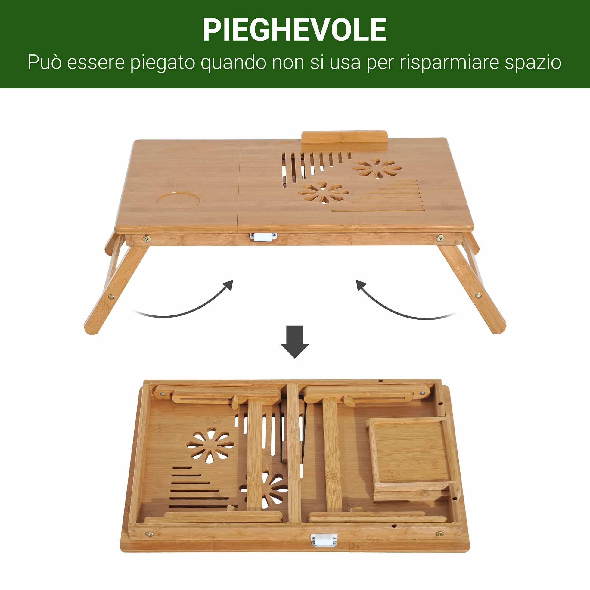 HOMCOM Tavolino da Letto per PC Portatile con Sistema di Raffreddamento in Bambù, 55x35x22-32.5cm