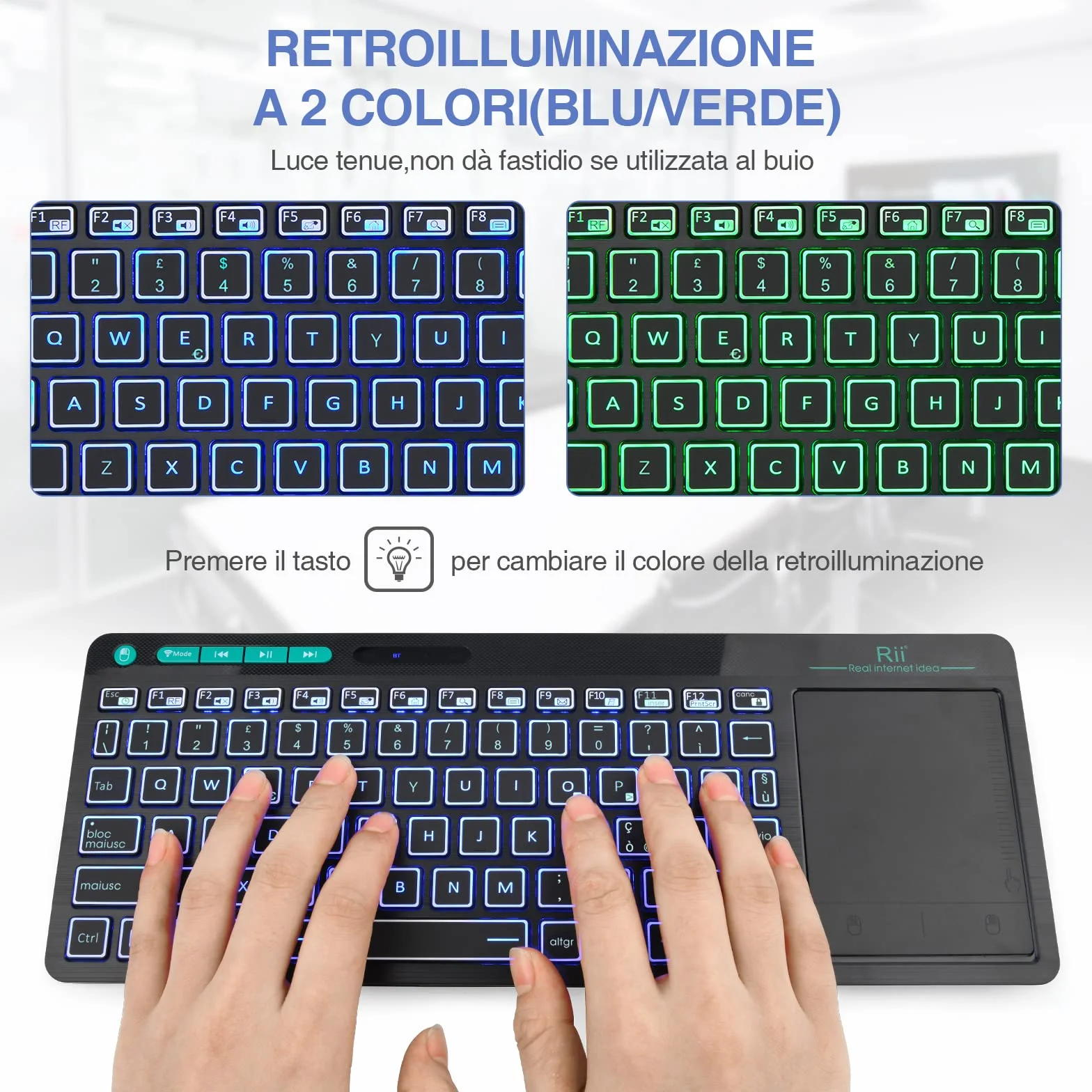 Rii Mini i18S Wireless + Bluetooth - Tastiera compatta con ampio mouse touchpad e retroilluminazione LED, compatibile con Smart TV, TV Box, Tablet, Smartphone, Console, PC, Fire TV, Raspberry