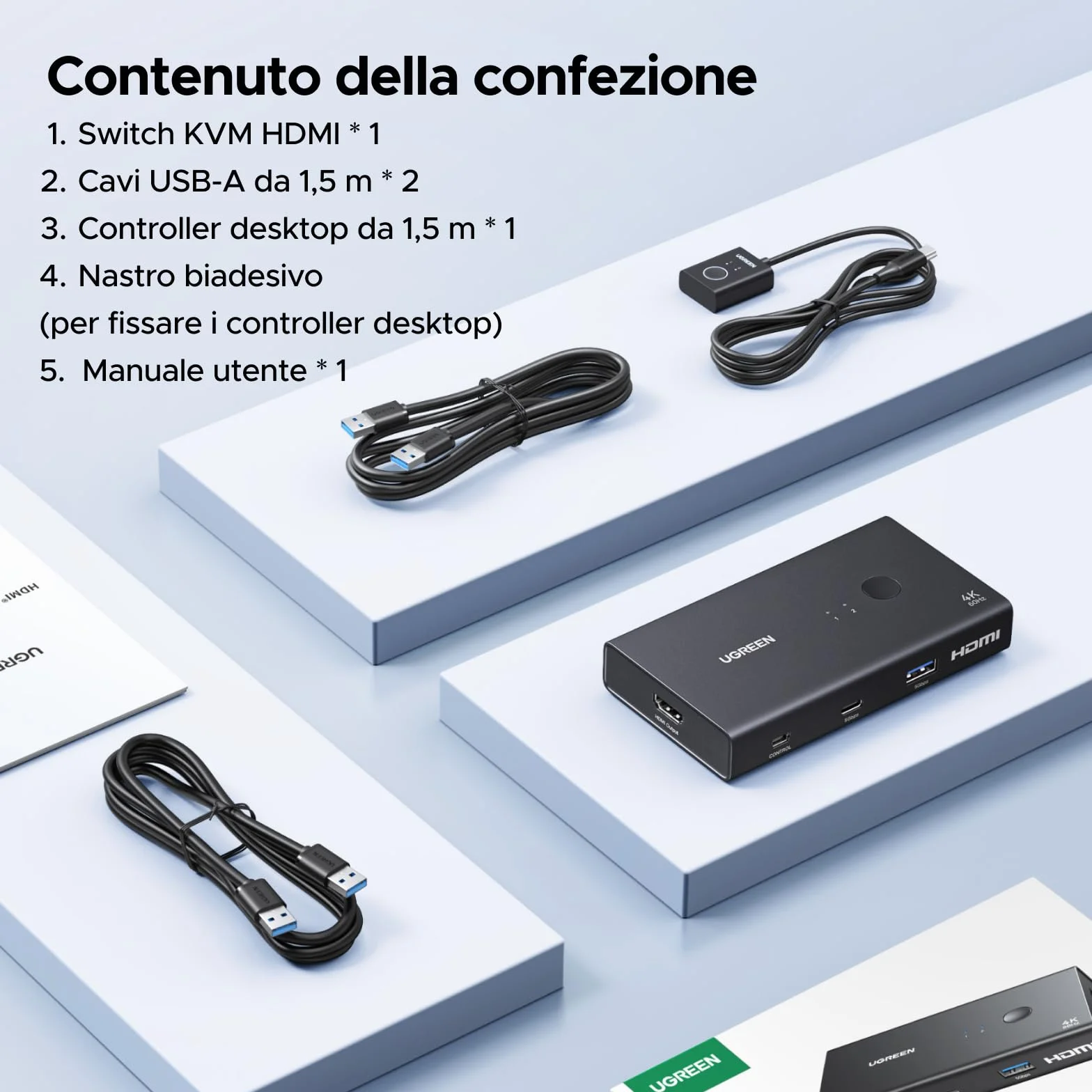 UGREEN Switch KVM HDMI 2.0 2 ingressi 1 uscite 4K 60Hz per 2 PC con 4 porte USB 3.0 5Gbps per tastiera, mouse, disco rigido, controller desktop compatibile con Windows, Linux, macOS