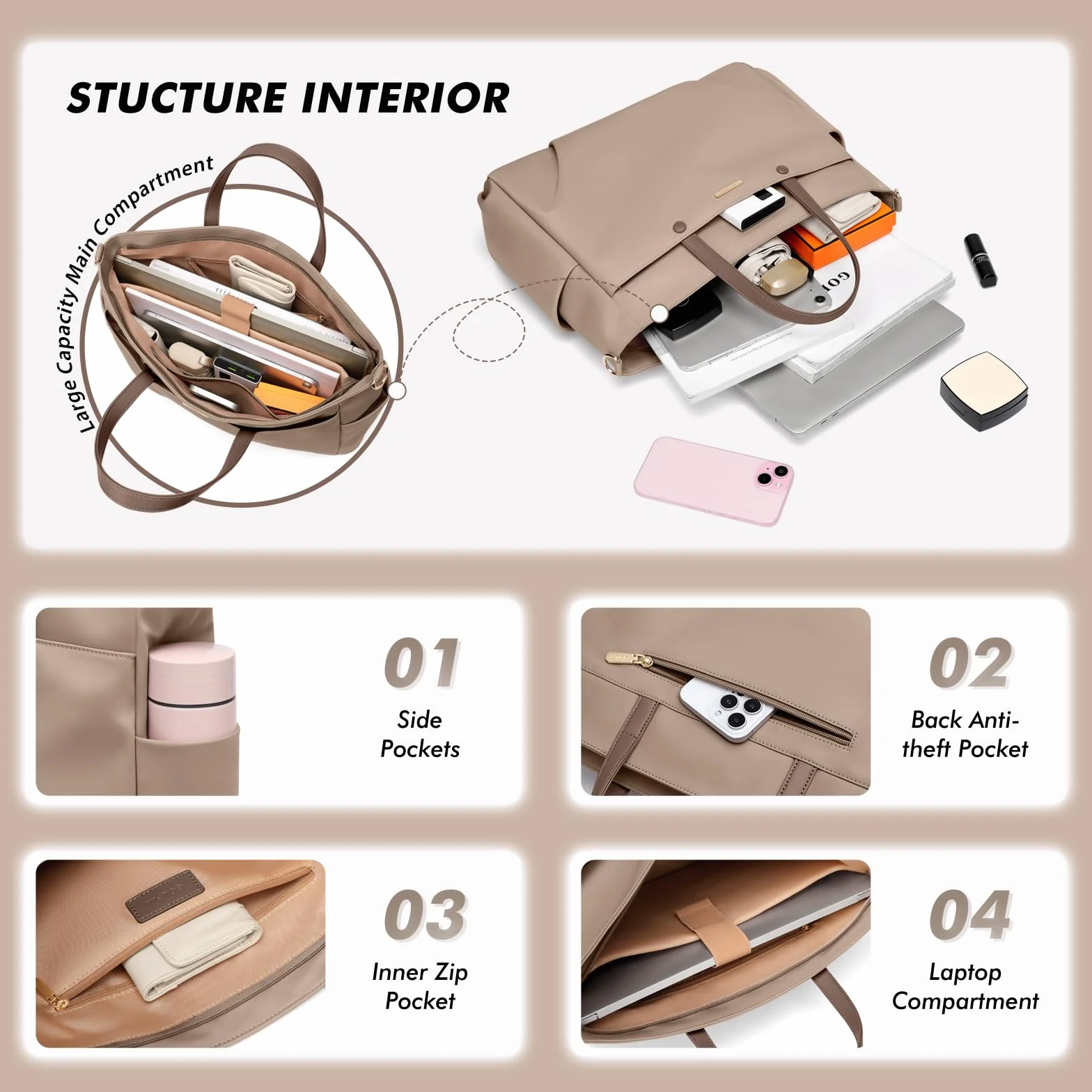 GOLF SUPAGS Borsa Tote per Laptop da 15 Pollici, Borsa a Tracolla per Computer Borsas da Lavoro Grande per Donna, Custodia per Laptop Borsas Elegante per Viaggi D'affari (Champagne)