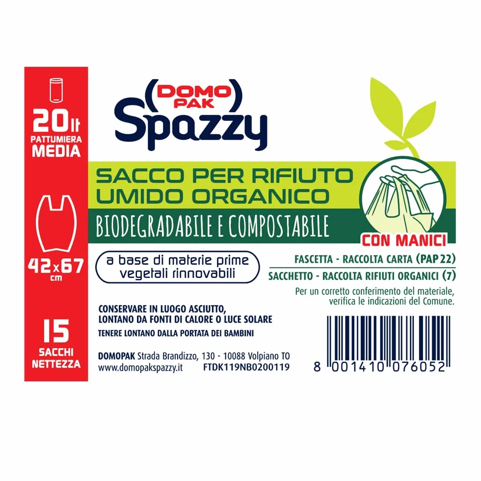 DOMOPAK SPAZZY Sacchi Nettezza Saccoverde Biodegradabile 20 Lt 15 Pezzi