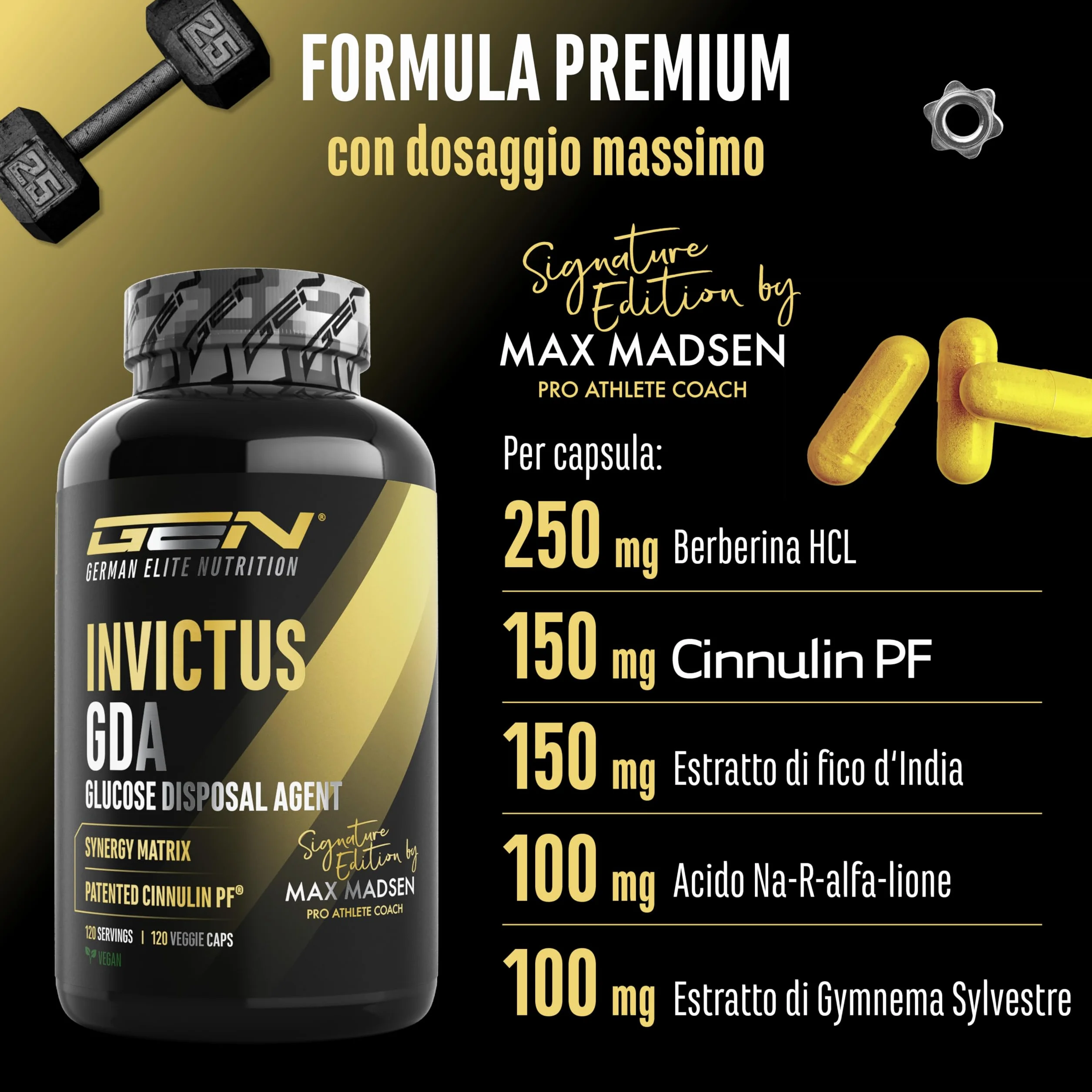 Invictus G.D.A Complesso GDA ad Alto Dosaggio con Berberina, Cinnulin PF® e Acido R-Alfa Lipoico 120 Capsule Vegane