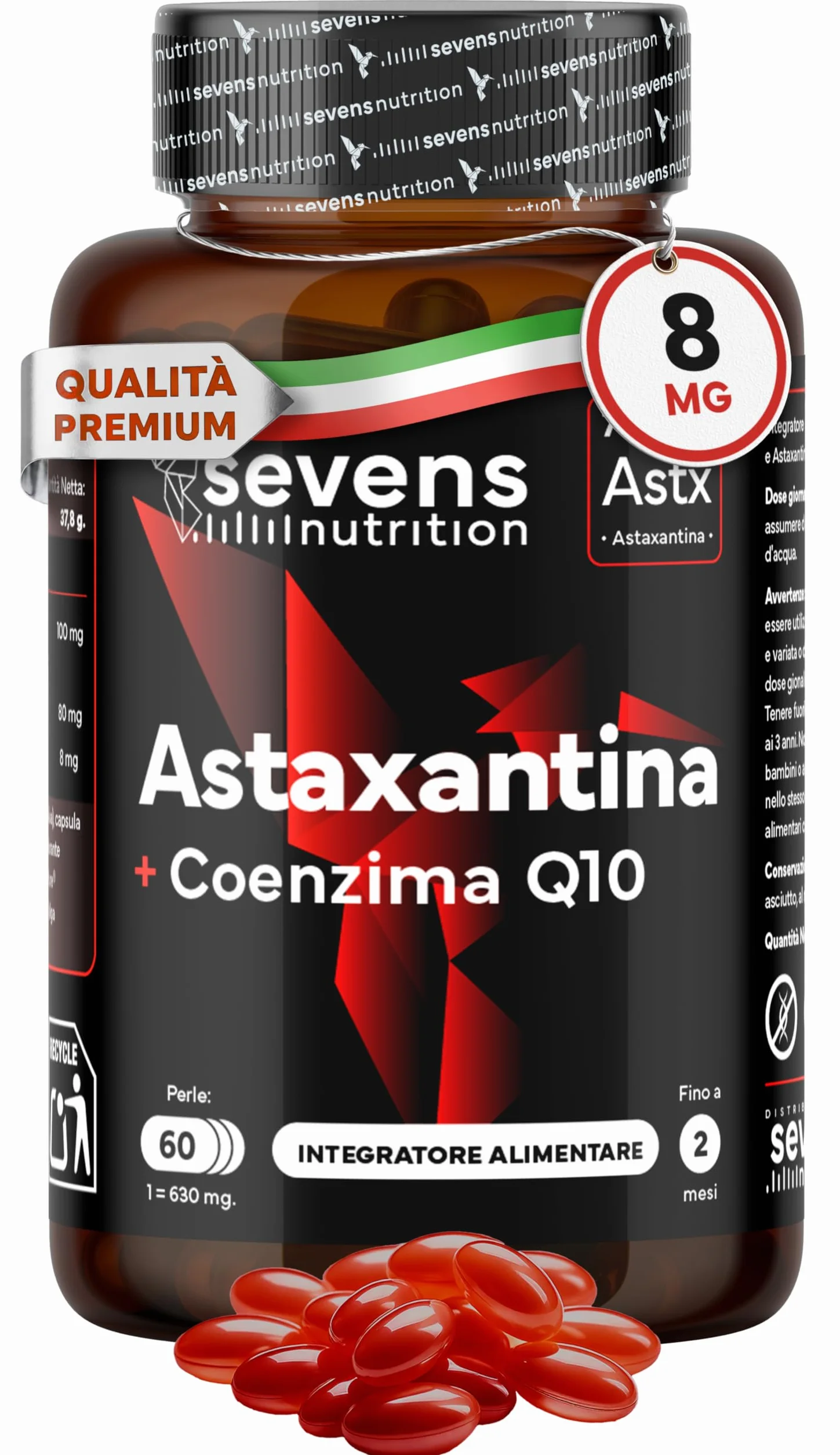 Astaxantina Naturale Pura AstaPure® 8 mg Integratore Antiossidante con Coenzima Q10 e Olio Extravergine di Oliva