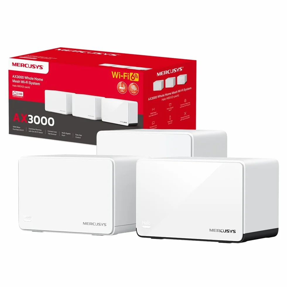 Mercusys TP-Link Halo H85X Mesh Wi-Fi 6 AX3000Mbps Dual-Band, 2.5G Porta WAN/LAN, 2 Porte WAN/LAN Gigabit, Coperti fino a 650m2, MU-MIMO, WPA3, VPN, Controllo da APP, 3pz