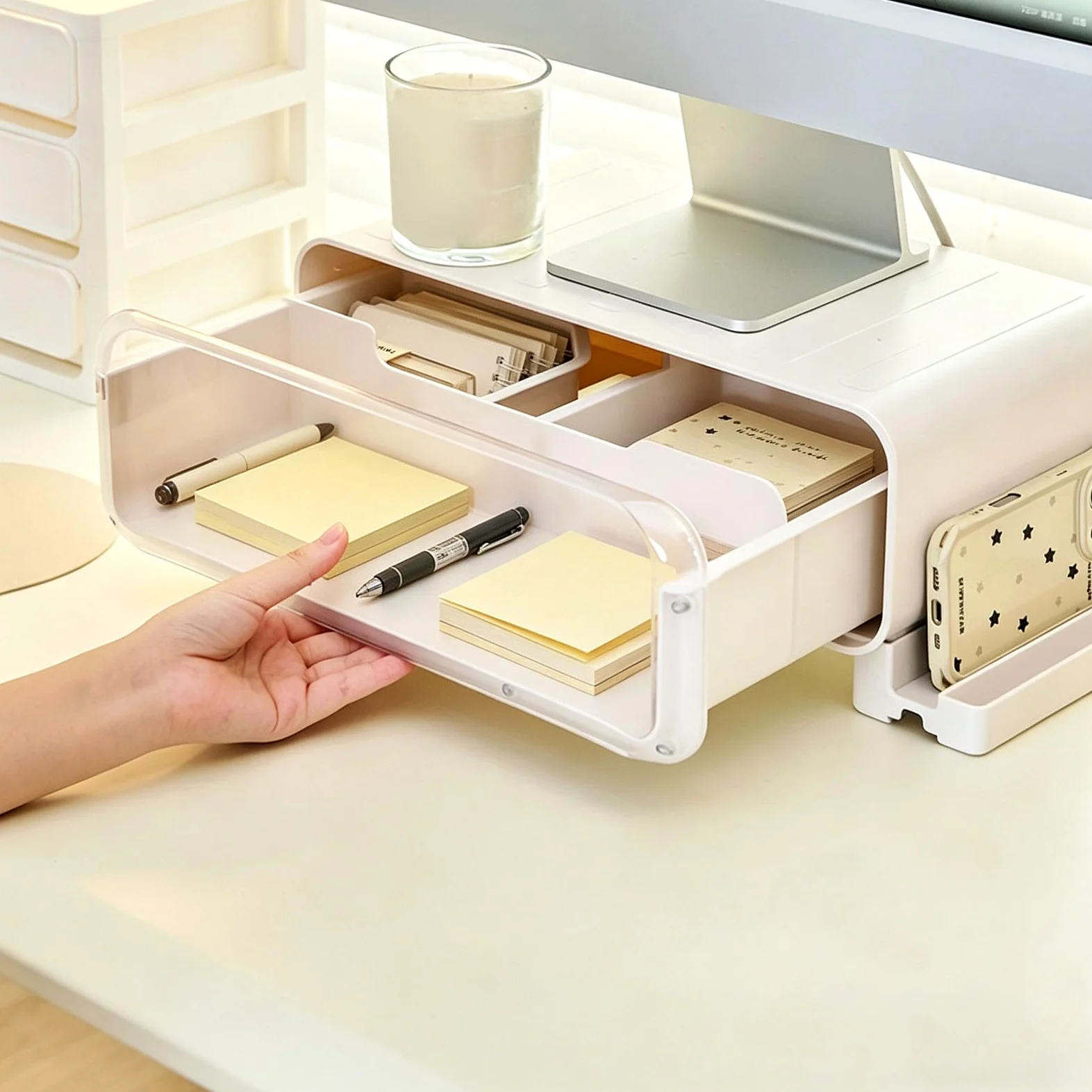 Supporto per monitor con ripiano e cassetto per organizzazione scrivania e archiviazione da collezione, 45 x 21 x 15 cm