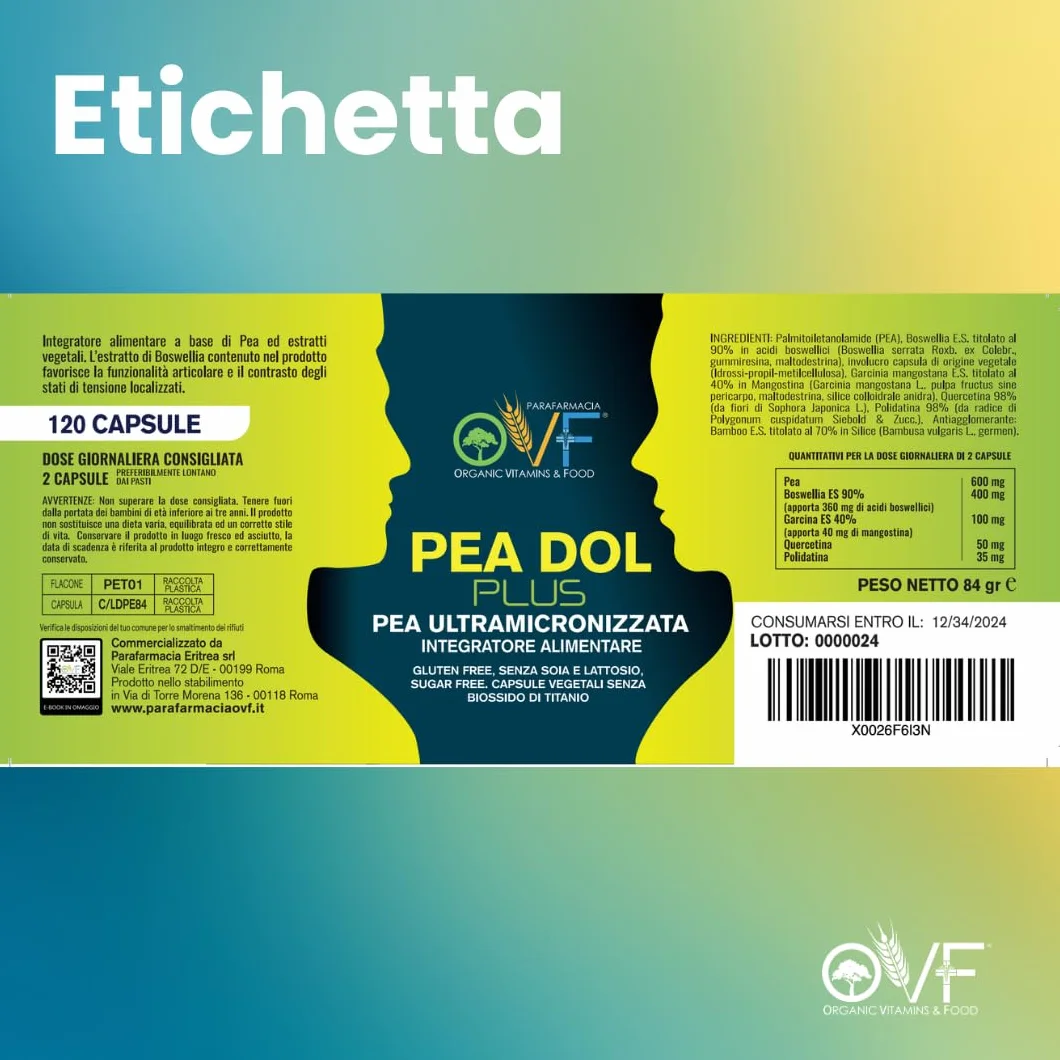 OVF PEA Integratore Plus 600mg con Boswellia e Quercetina, 120 capsule, Pea Ultra-Micronizzata
