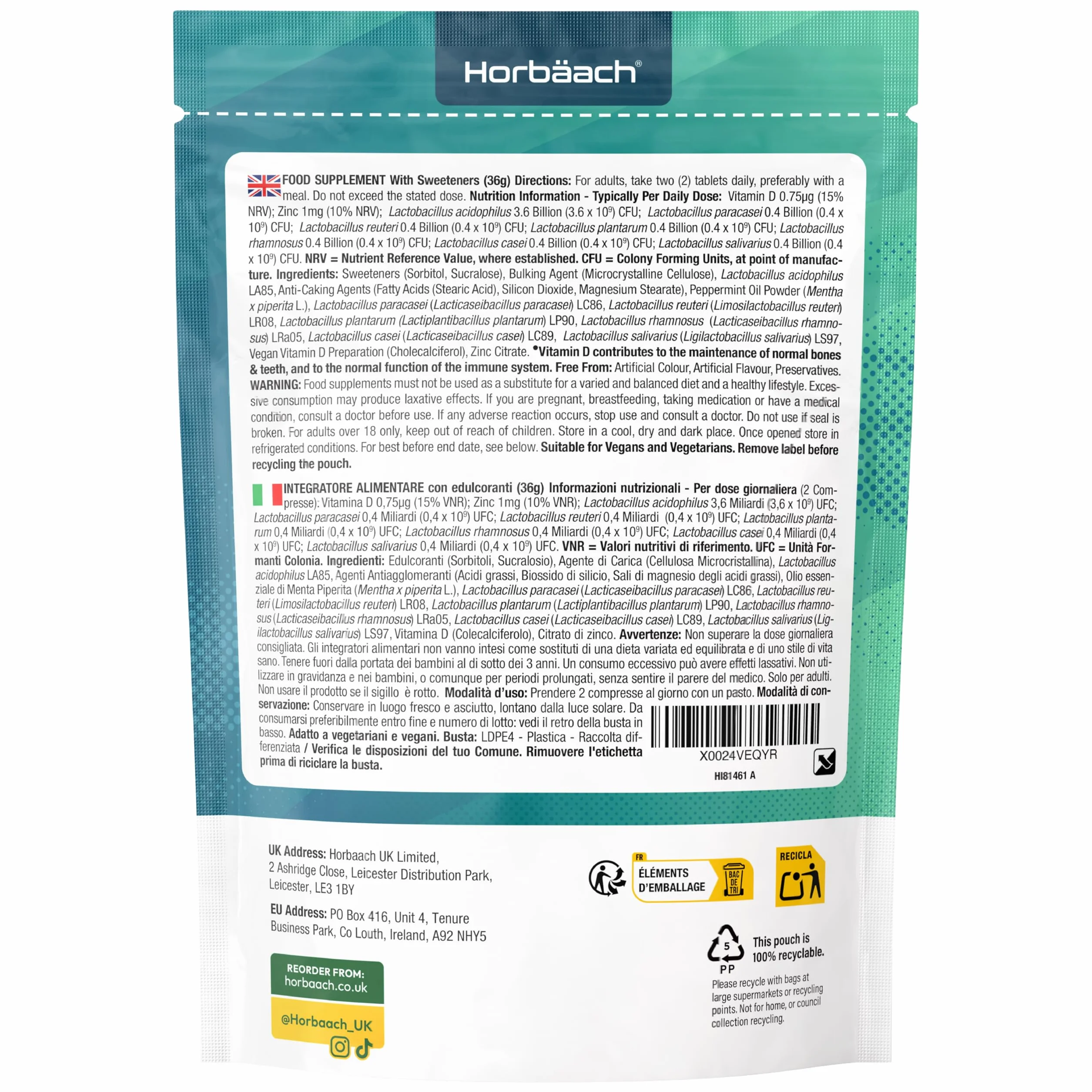 Horbaach Probiotici Orali 60 Compresse Masticabili Vegane Sapore Menta Integratore Alitosi Lactobacillus Acidophilus Reuteri 6 Miliardi CFU