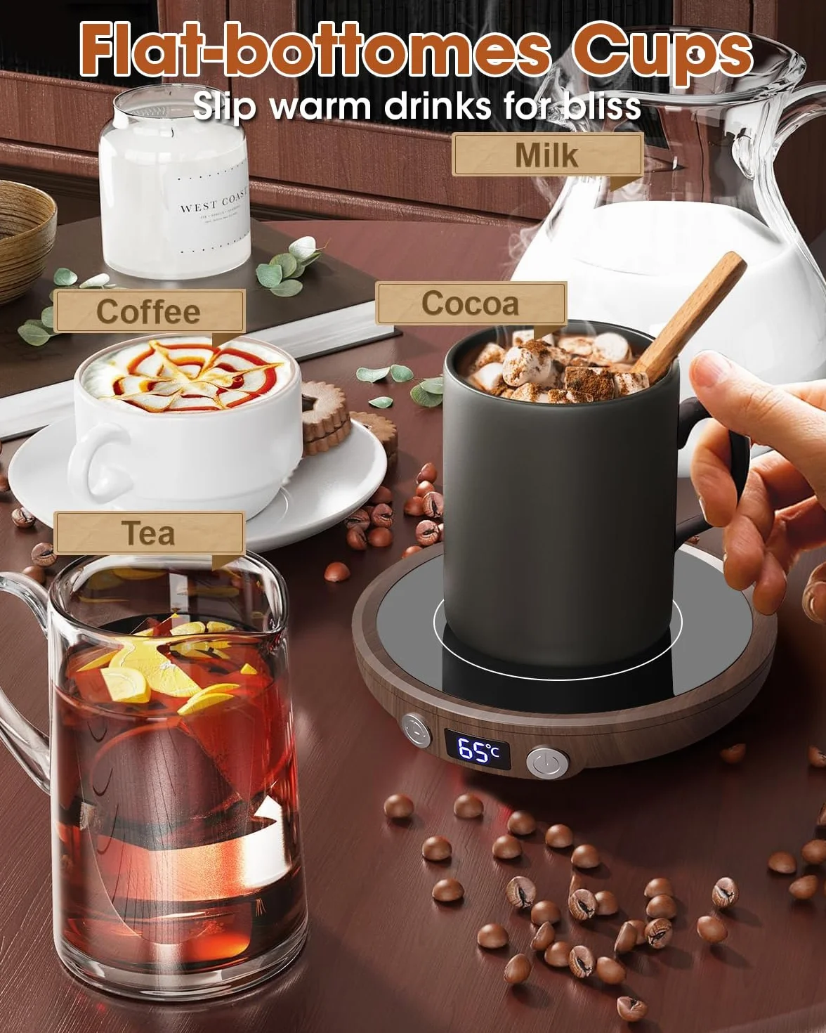 MQFORU, scalda tazze da caffè, scalda tazze con 3 livelli di temperatura, timer 2-12H, 4 ore, spegnimento automatico, piastra scalda bevande per caffè, tè, candela (venature del legno)