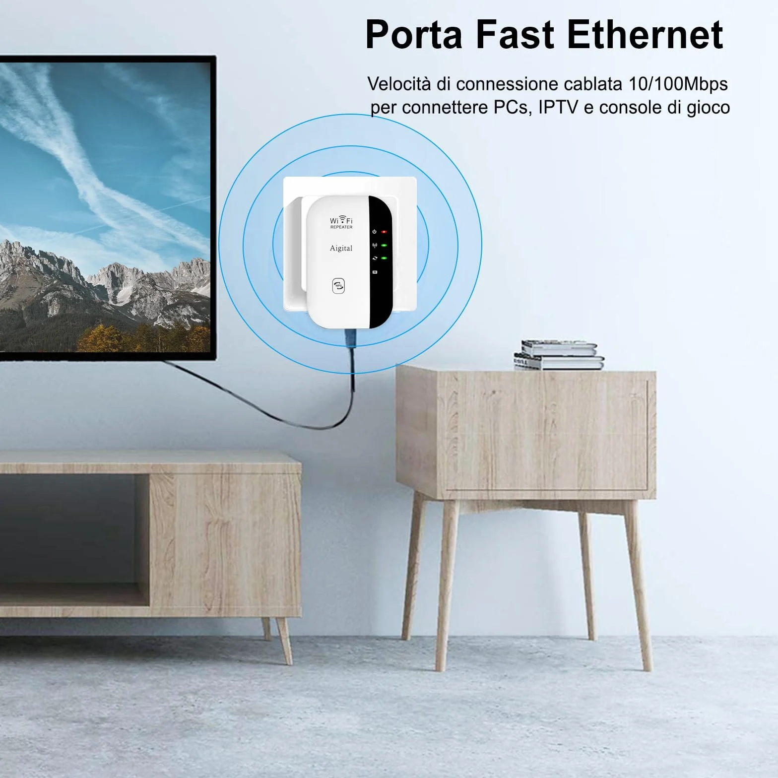 Ripetitore Wireless WiFi Extender e Access Point per Casa, Amplificatore Segnale WiFi, Velocità Single Band 300Mbps, Porta LAN, Pulsante WPS, Compatibile con tutti i modem router wifi