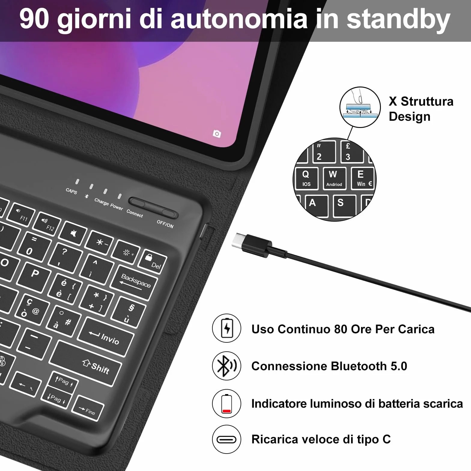 IVEOPPE Cover Tastiera Lenovo Idea Tab Pro 12.7 Pollici 2025, Custodia Tastiera Italiano 7 Colori Retroilluminata Bluetooth Staccabile per Lenovo Xiaoxin Pad Pro 12,7 2025, Nero