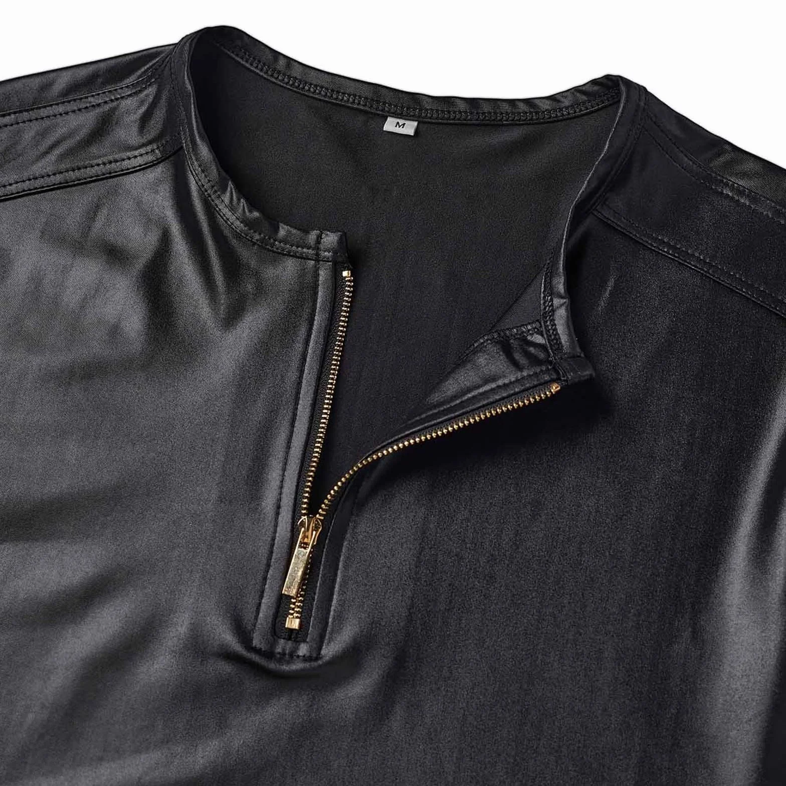 PU Leather Long Sleeve Shirt for Men Wet Look Zipper Casual Clubwear