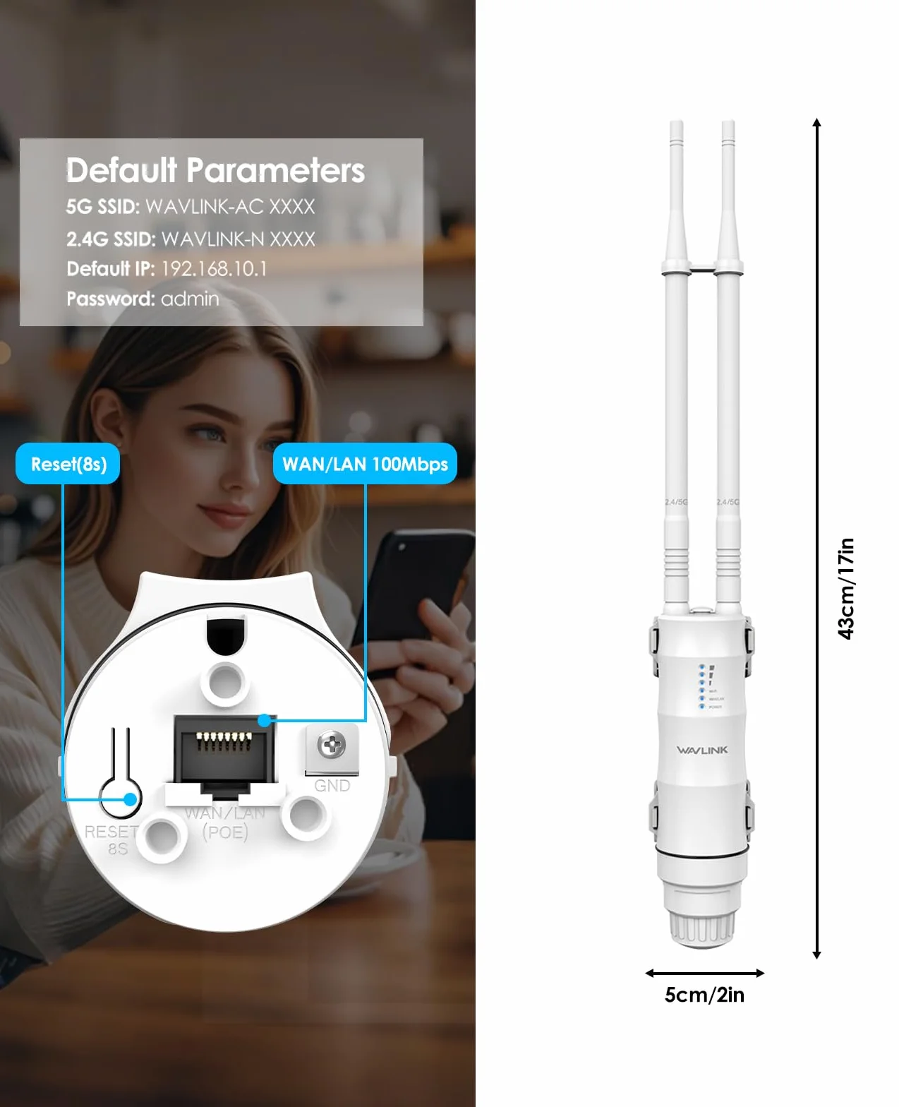WAVLINK AC1200 Ripetitore WiFi Esterno Lunga Portata PoE - Amplificatore Segnale Dual Band IP67 Impermeabile, Punto di Accesso Outdoor con Antenne Potenti, Ideale per Giardino Piscina Parcheggio