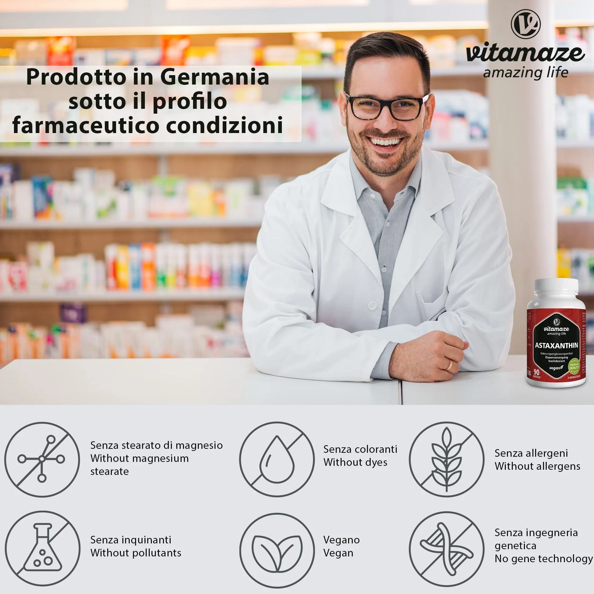 Vitamaze Astaxantina Capsule 90 ad Alto Dosaggio 4 mg Pura Naturale Integratore Alimentare Vegan