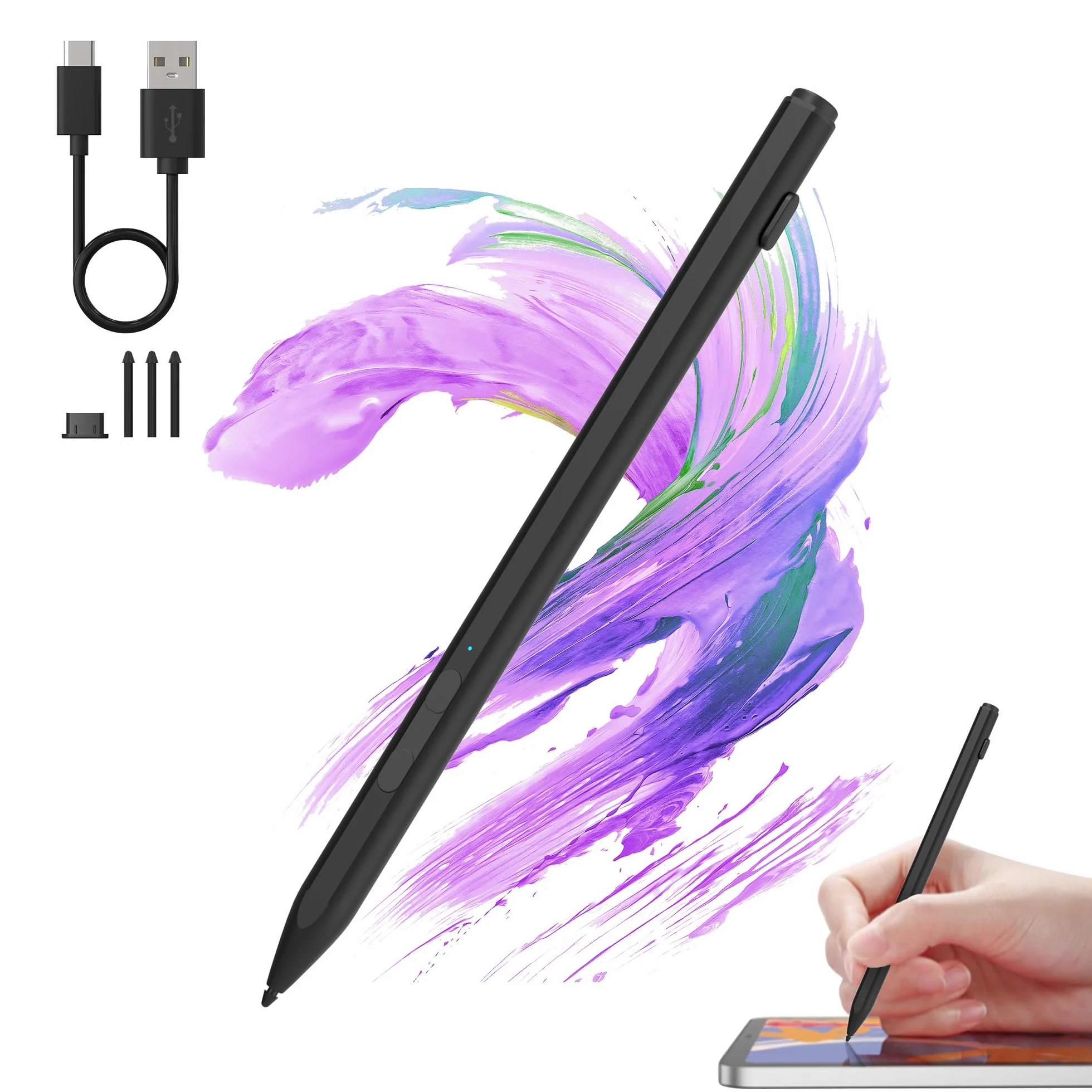 Penna per Surface Pro 11/10/9/8/7/6/5/4/3/X, Surface Go 4/3/2/Go/Book/Laptop/Studio/Duo, Penna Surface con Pulsante 2-in-1 & Ricarica Rapida USB C & 4096 Sensibilità Alla Pressione