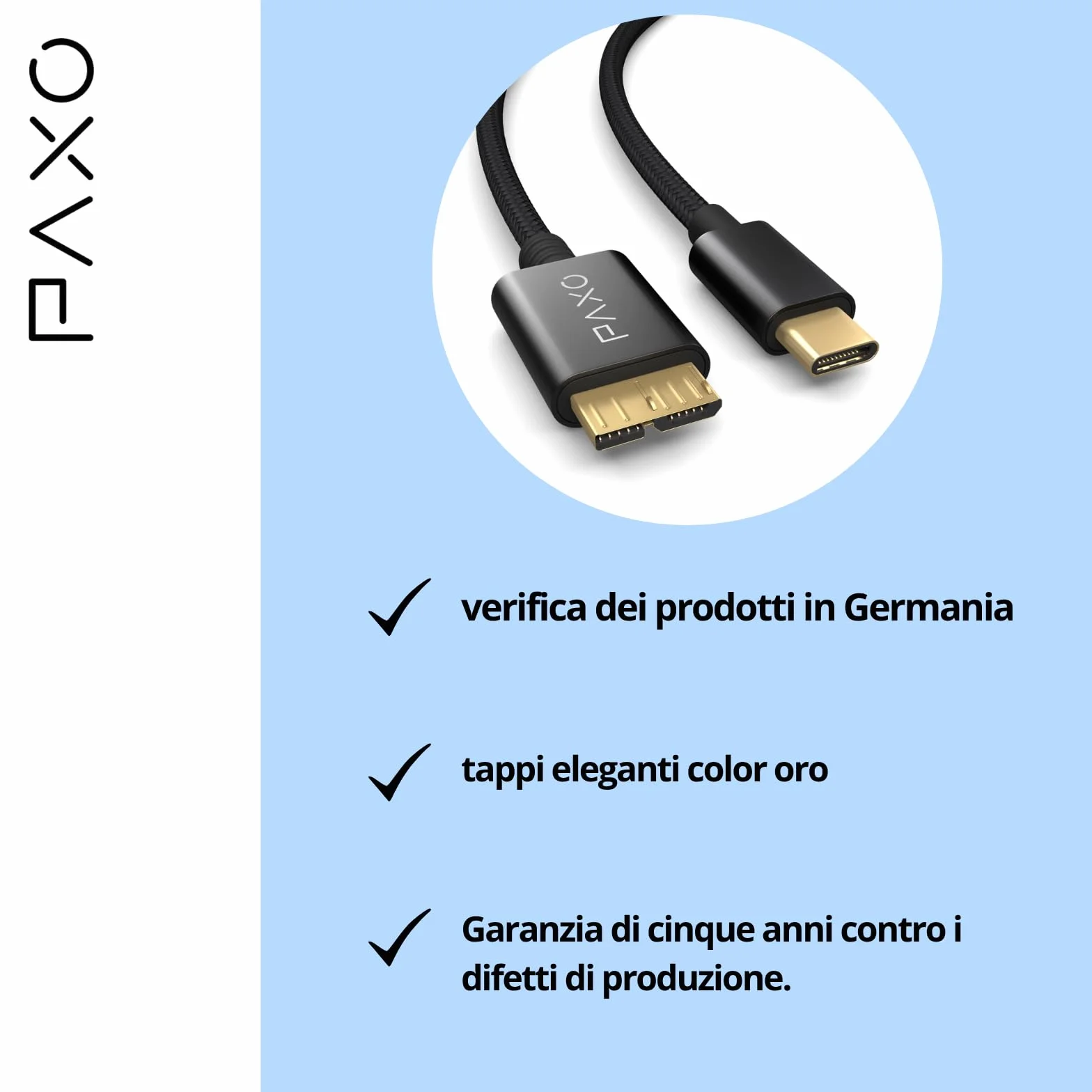 PAXO Cavo hard disk da 0,3 m, 10 Gbit/s, USB C-MICRO USB3.2 Gen2, cavo USB, cavo dati, cavo di ricarica, nero, da USB C maschio a Micro B maschio