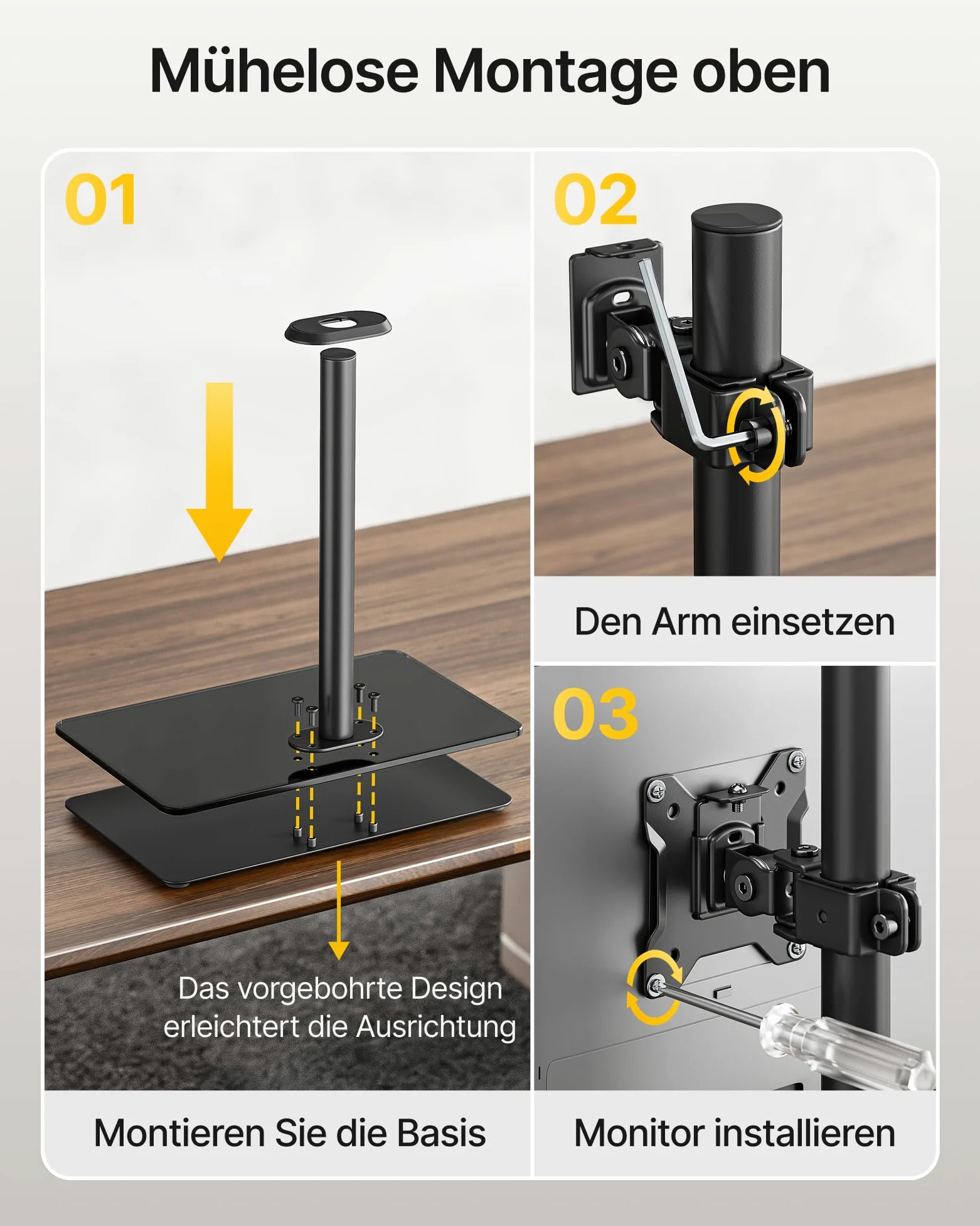monTEK Supporto verticale Monitior 2 Monitiore con base in vetro per schermi da 17-32 pollici, portata massima 10 kg per braccio, supporto per monitor autoportante, completamente mobile e regolabile