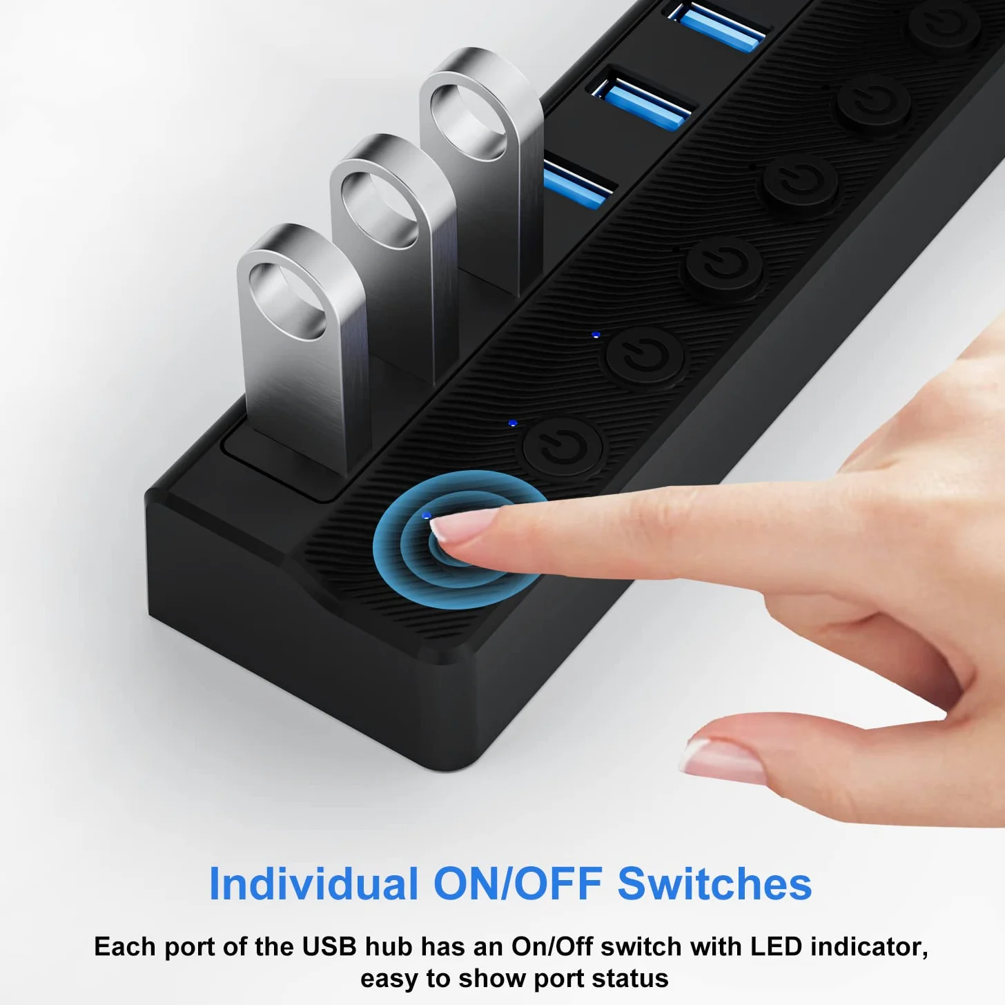 ONFINIO Hub USB 3.0, hub splitter USB a 10 porte con interruttori on/off individuali e adattatore di alimentazione 12V/2A estensione USB