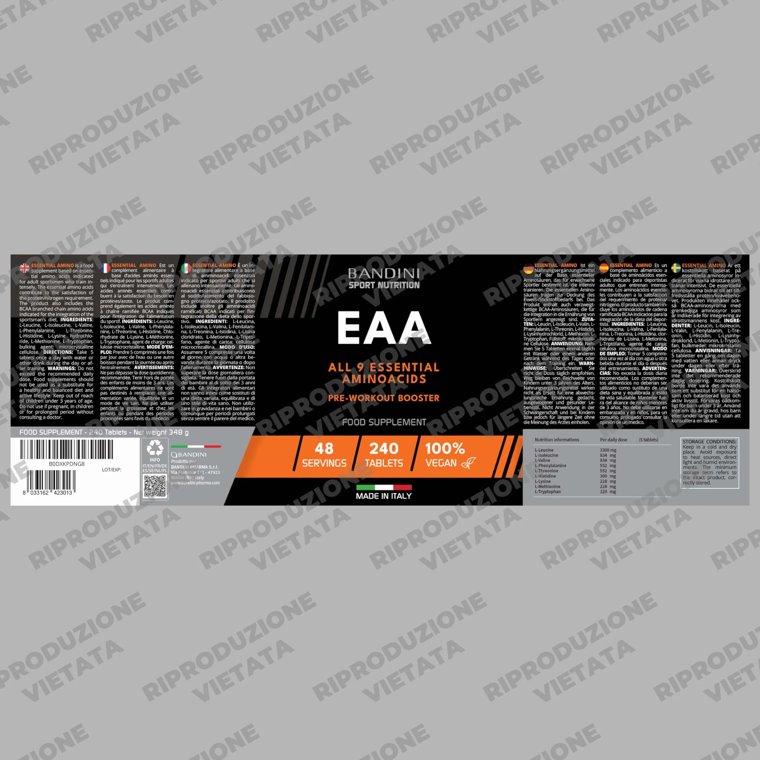 Bandini EAA Aminoacidi Essenziali 240 Compresse - Pre Post Workout - Crescita Muscolare - Vegan
