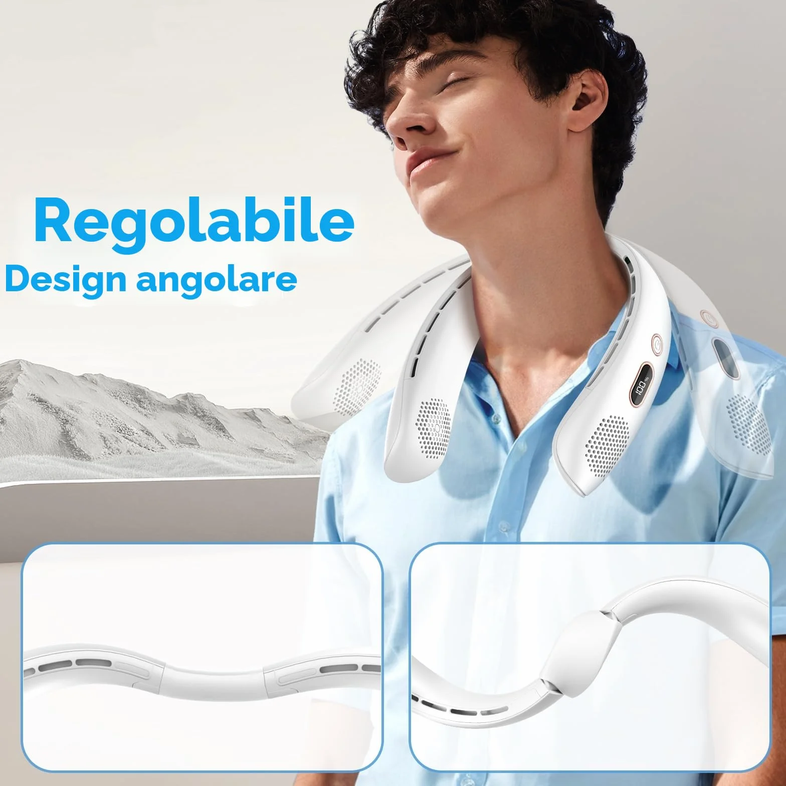 Ventilatore da collo, Silenzioso Ventilatore Portable, Mini Ventilatore USB Senza Lama con Luci a LCD Display, 3 Velocità Ricaricabile Potente per Ufficio Cucina Viaggi Sport (Bianco)
