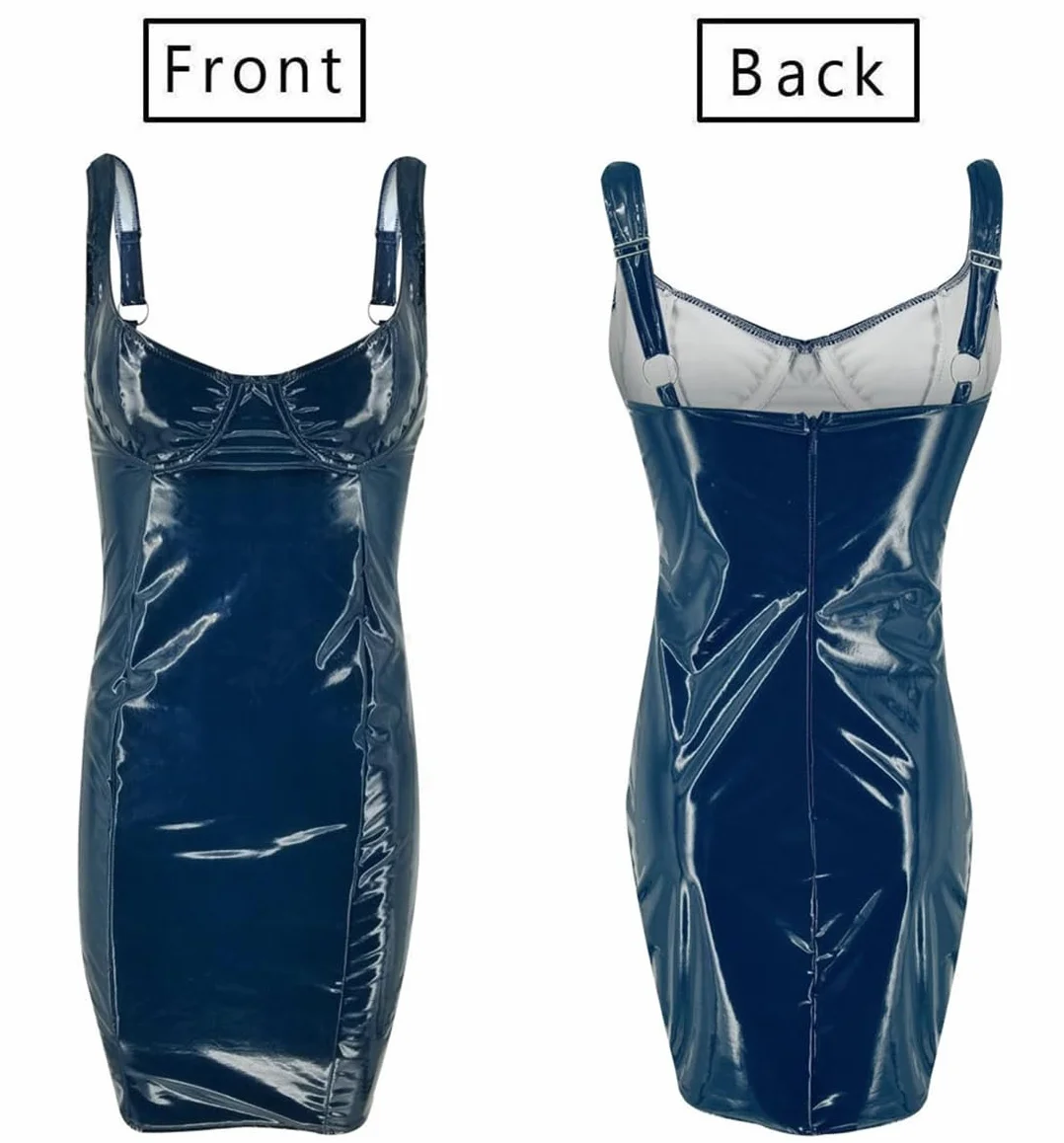 Abito da donna clubwear in pelle PU effetto bagnato spalline scoperte mini