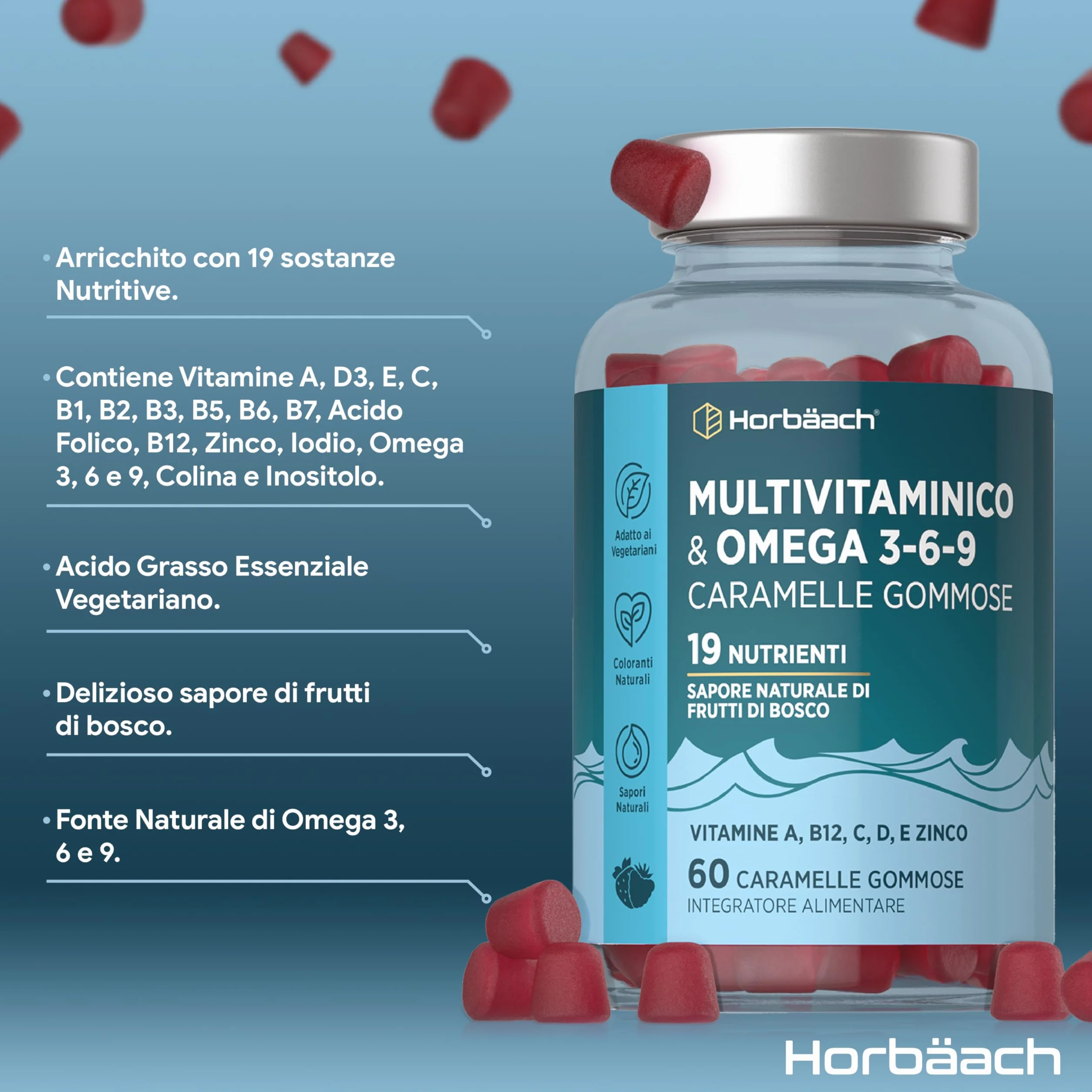 Horbaach Multivitaminico Gommose Omega 3 6 9 60 Caramelle con Vitamina C A B D Biotina Zinco