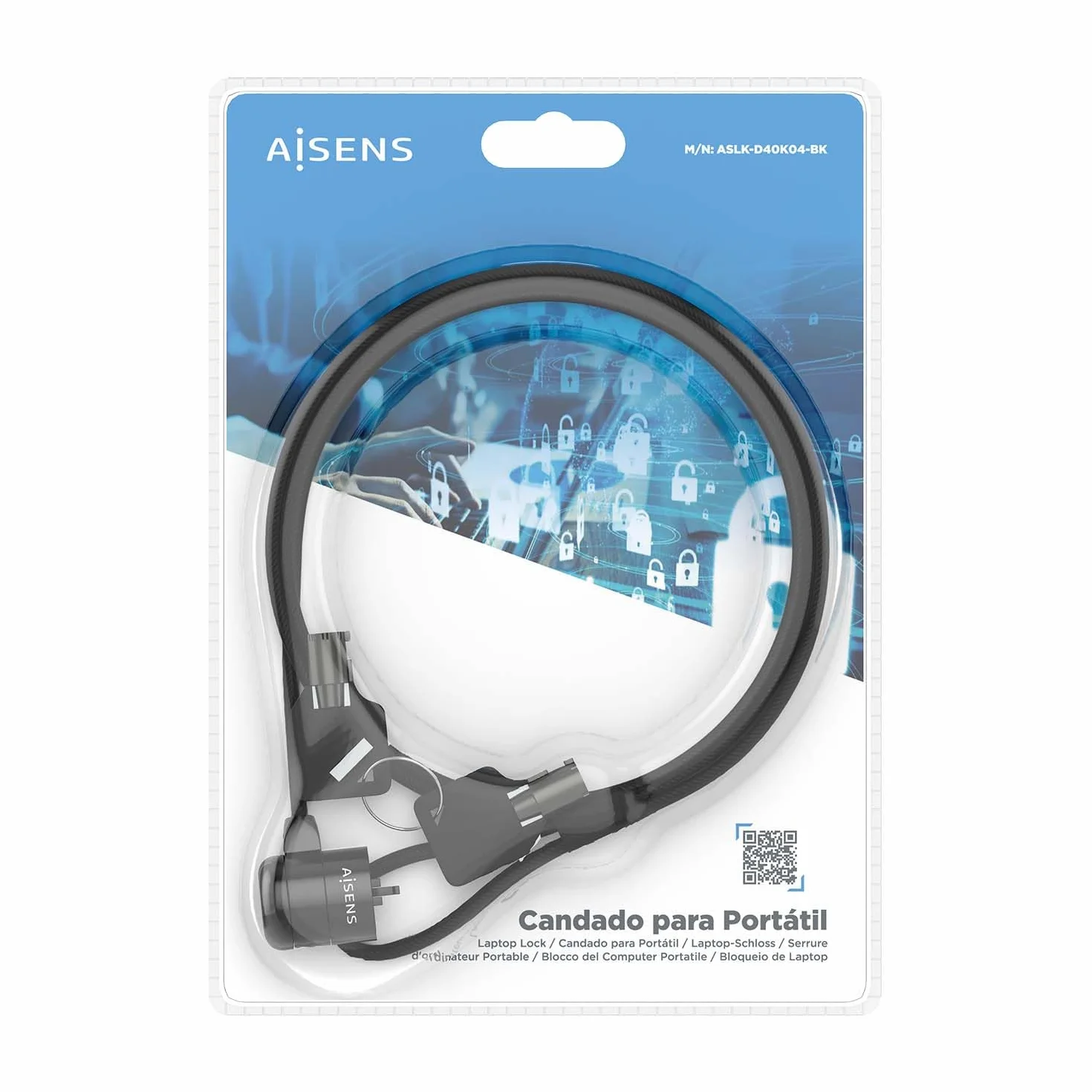 AISENS - ASLK-D40K04-BK - Cavo di Sicurezza con Serratura a Chiave per Computer, Monitor, Portatile 1,5 m