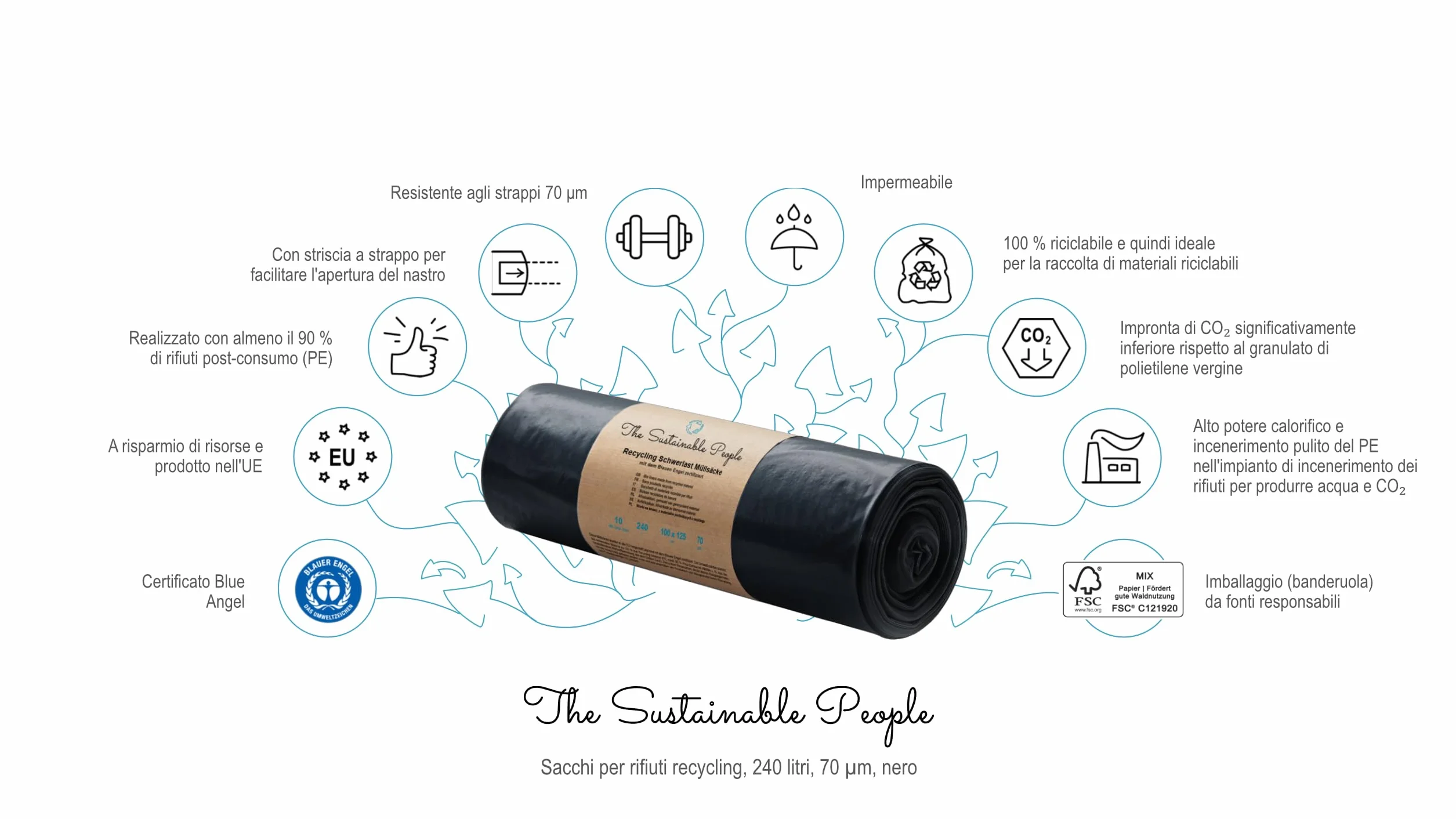 TSP Sacchi per rifiuti 240 L rotolo 10 pezzi riciclato PE