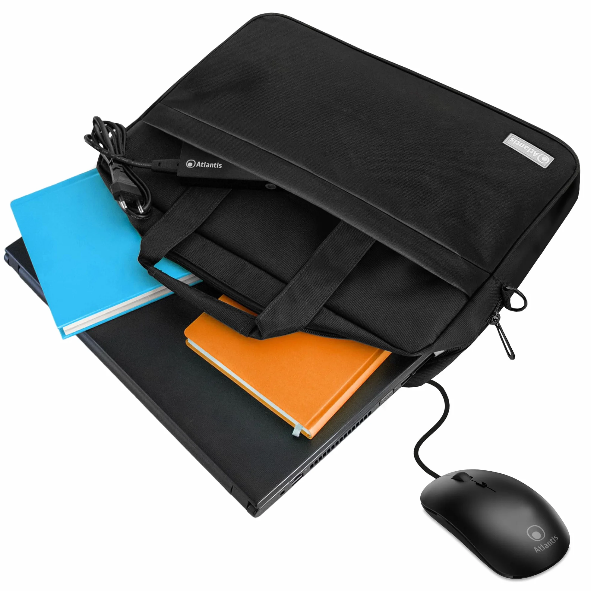 Atlantis Borsa notebook 15.6" pollici + Mouse USB, a tracolla modello Lisbona, imbottitura interna, tasca porta documenti, tasca esterna per accessori, fascia Trolley. Cinghia a tracolla, nero.