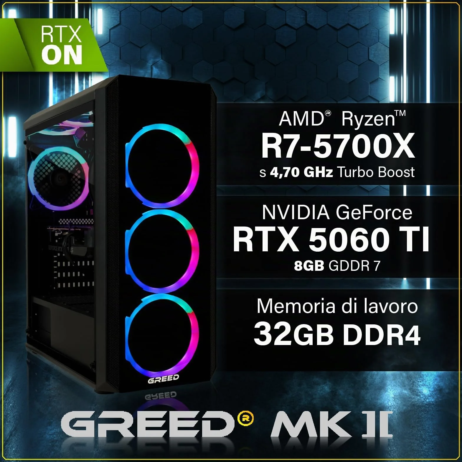Greed Mk2-4K Gaming PC AMD Ryzen 7 5700X Nvidia RTX 5060 Ti 8GB 32GB DDR4 RAM 1TB SSD WLAN W11 Pro